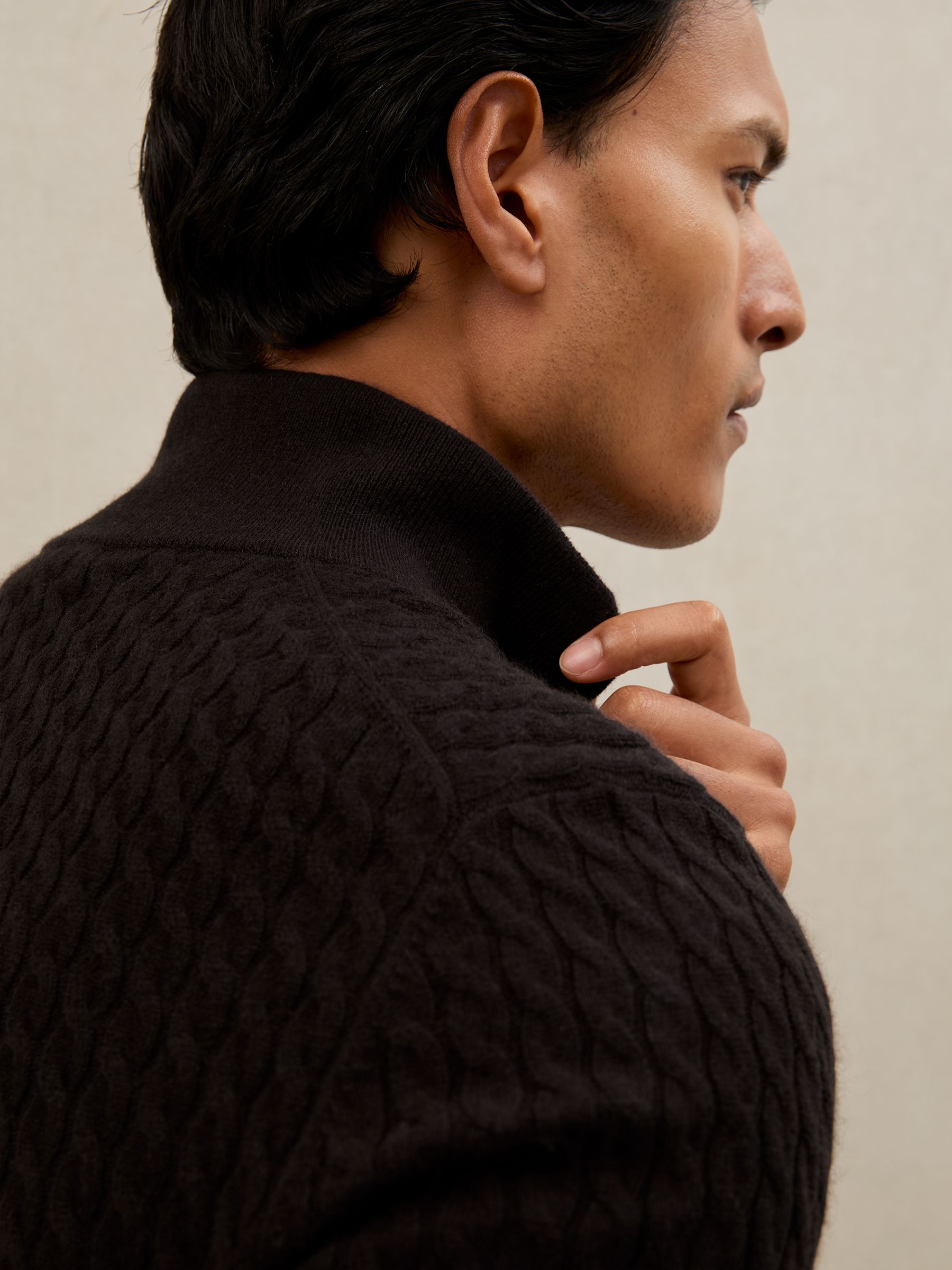 Atelier 100% Cashmere Cable Zip Jumper in Chocolate Brown - Image 4 of 7
