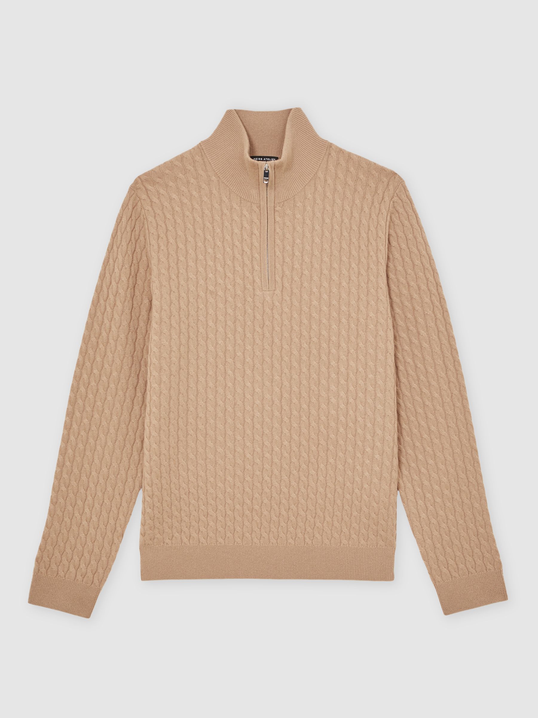 Atelier 100% Cashmere Cable Zip Jumper in Camel Brown - Image 2 of 5