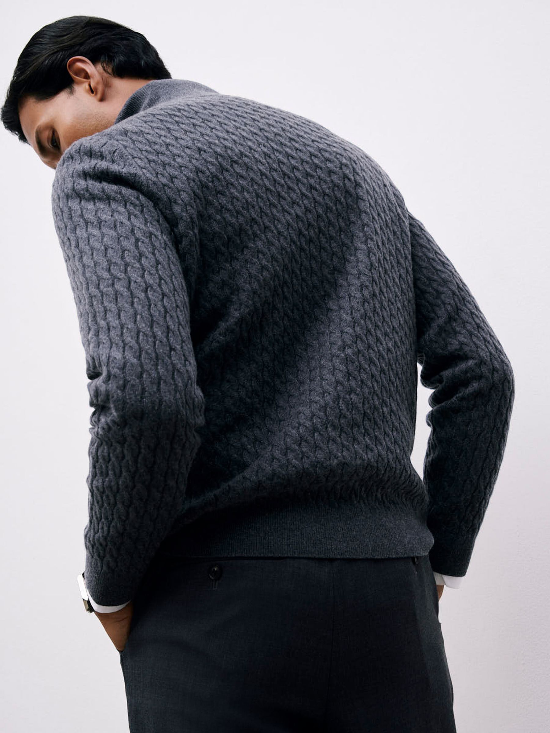 Atelier 100% Cashmere Cable Zip Jumper in Denim Blue - Image 5 of 7