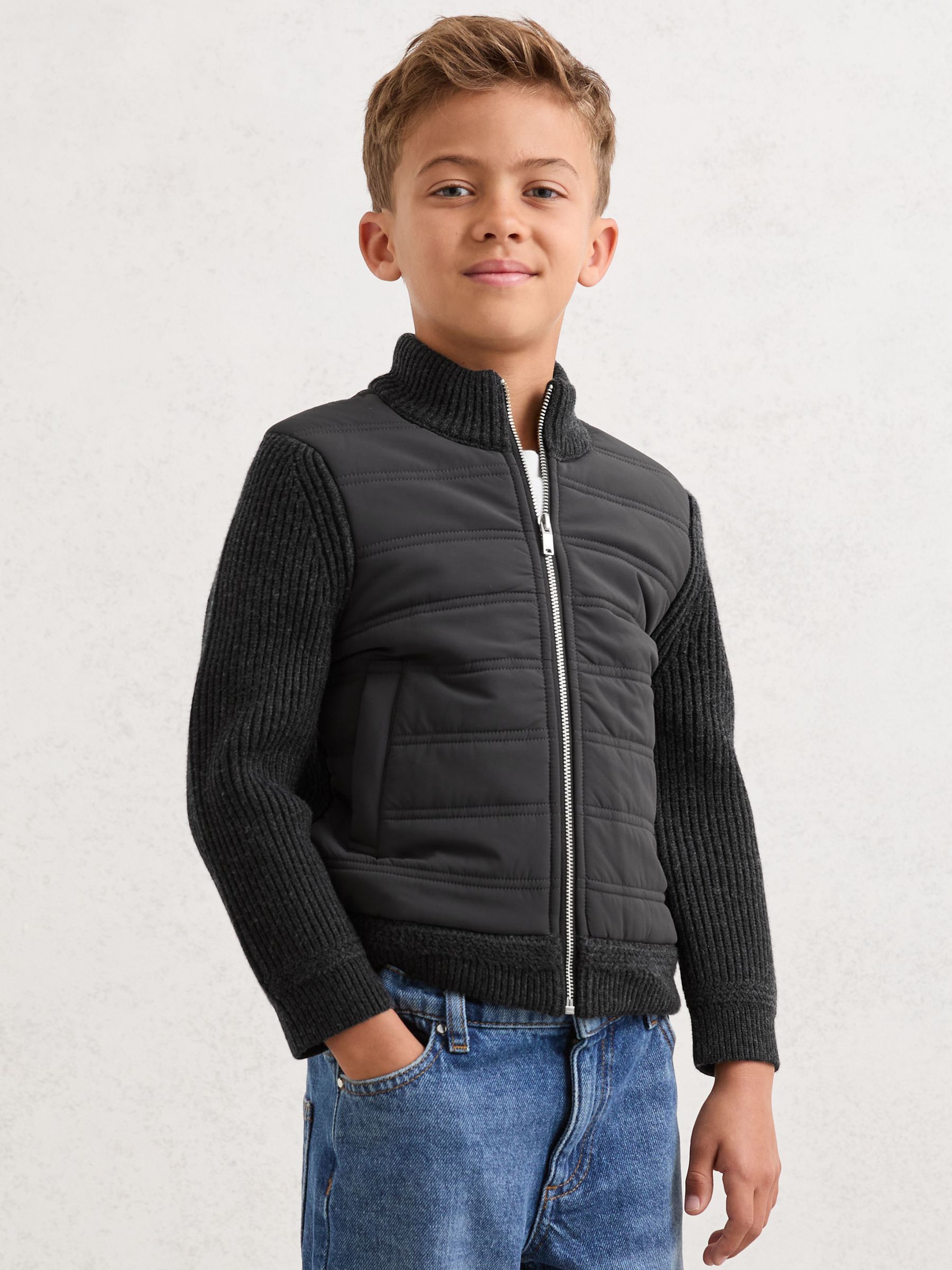 3-9 yrs Hybrid Quilt and Knit Zip-Through Jacket in Charcoal Melange - Image 3 of 4