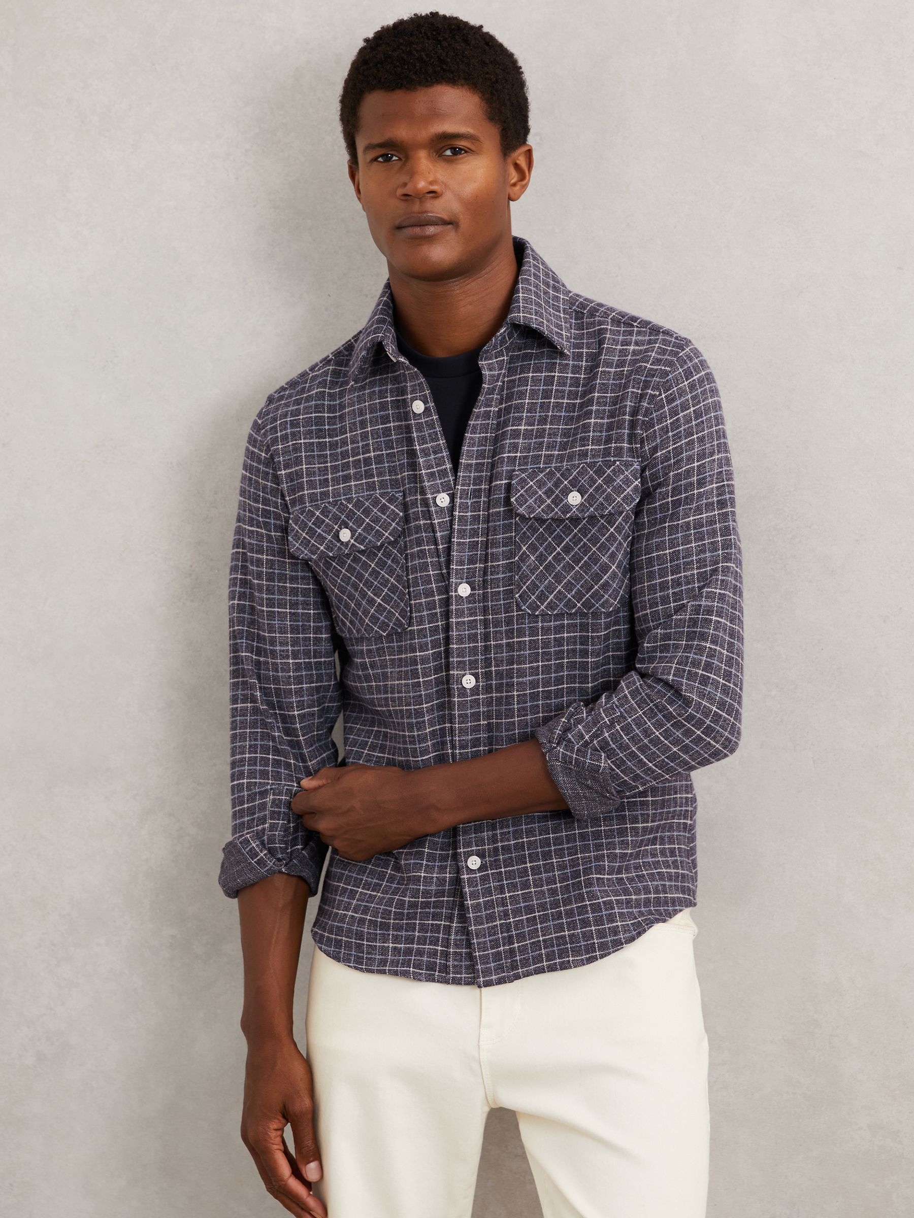 Check Twin-Pocket Jersey Overshirt in Indigo Blue - Image 7 of 8