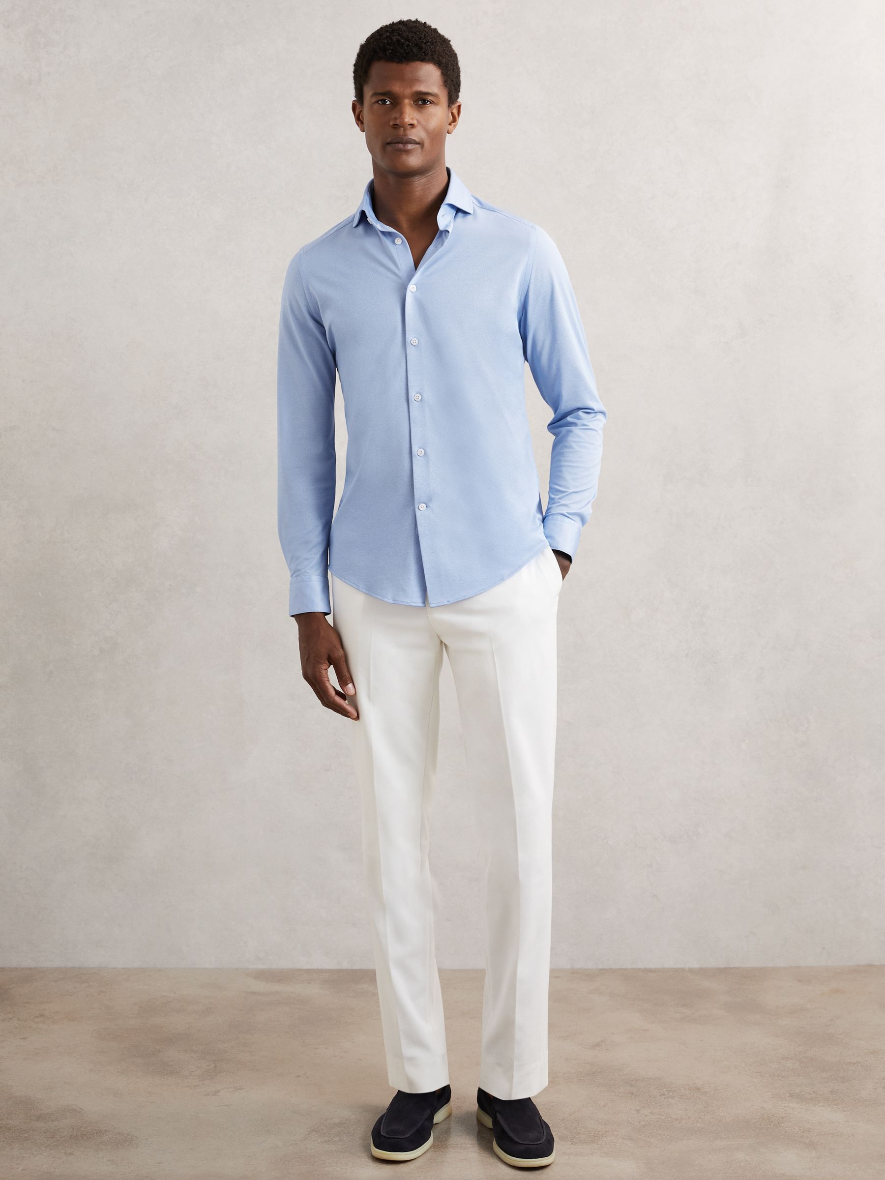 Cotton-Blend Jersey Cutaway-Collar Shirt Slim-Fit in Soft Blue - image 5
