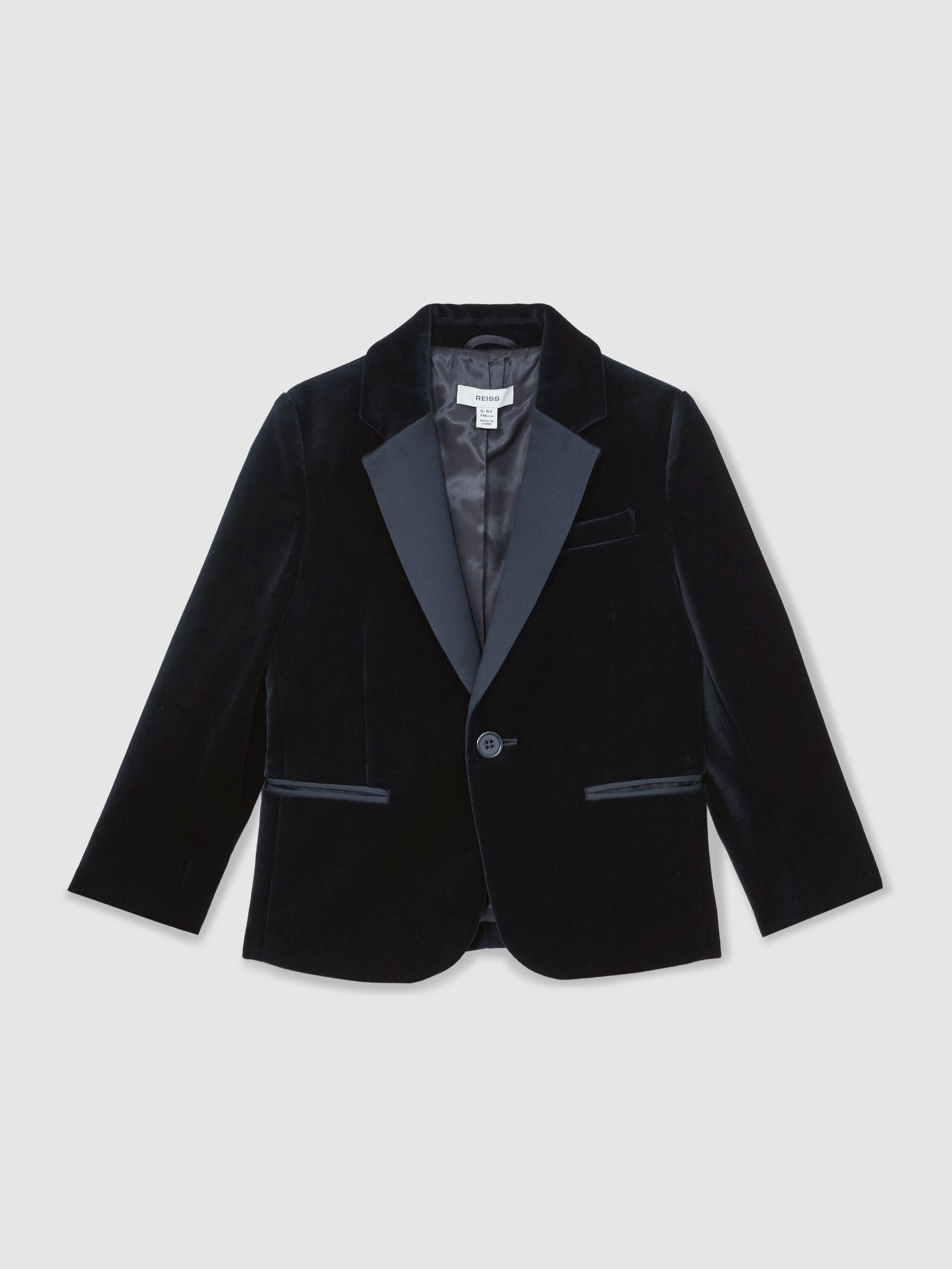 Single-Breasted Velvet Tuxedo Blazer in Navy - Image 2 of 5