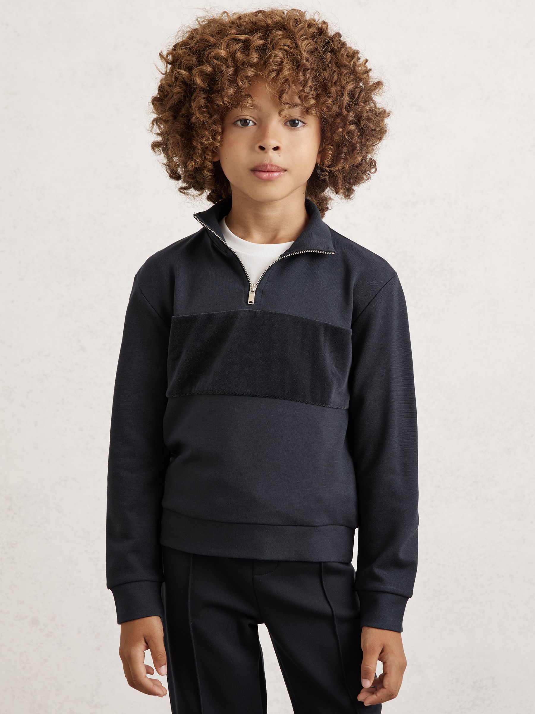 3-9 yrs Slim Fit Half-Zip Funnel Neck Velour Sweatshirt in Navy Blue - Image 1 of 4
