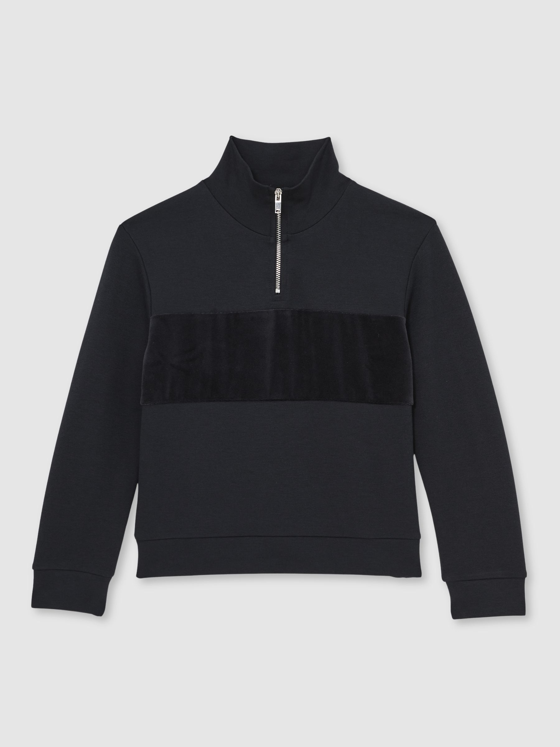 3-9 yrs Slim Fit Half-Zip Funnel Neck Velour Sweatshirt in Navy Blue - Image 2 of 4