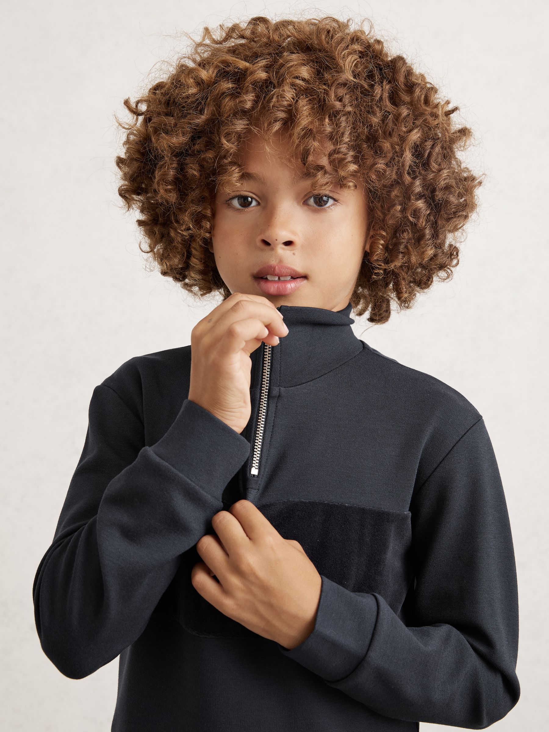 3-9 yrs Slim Fit Half-Zip Funnel Neck Velour Sweatshirt in Navy Blue - Image 3 of 4