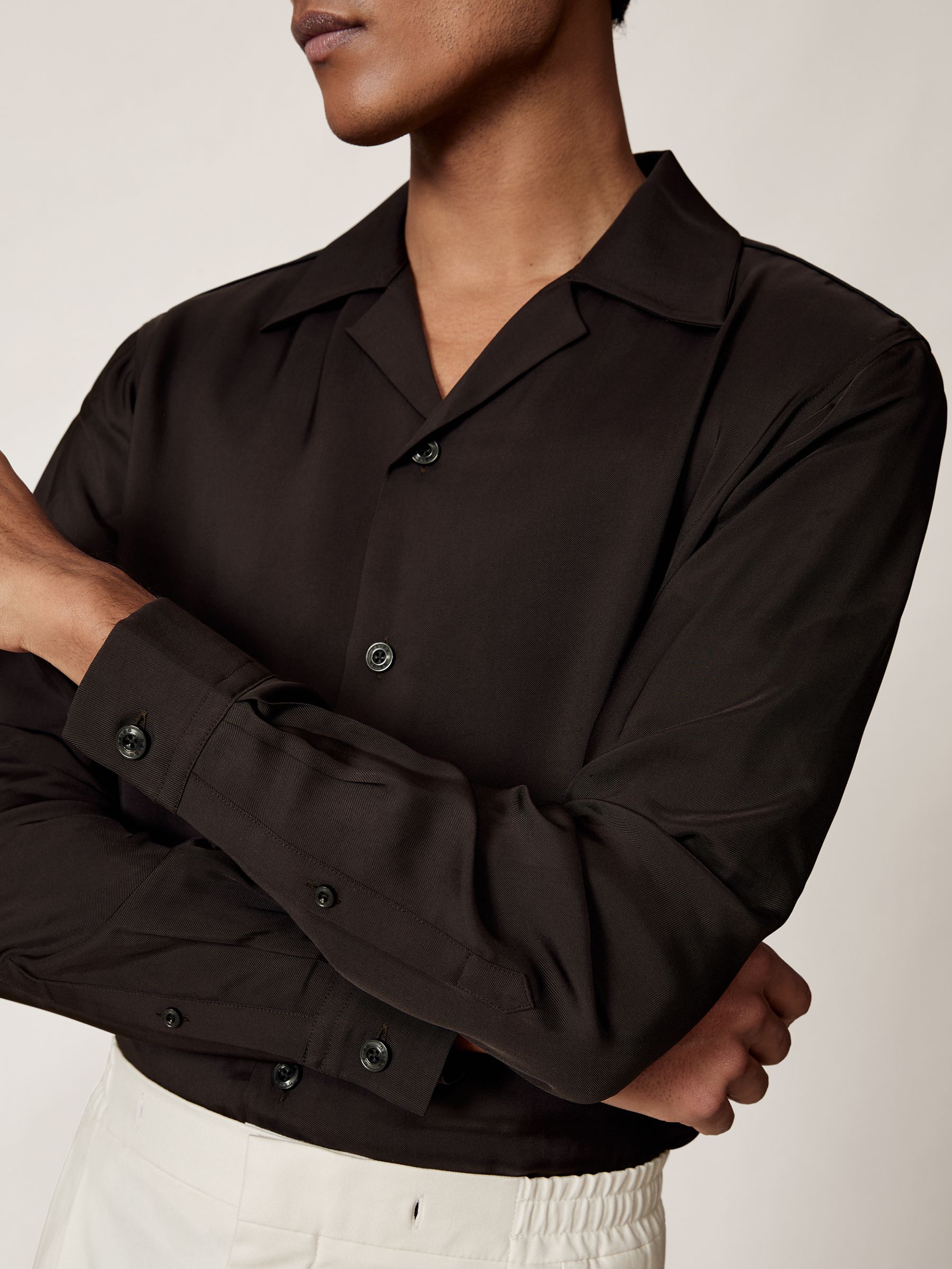 Twill Piped Cuban-Collar Shirt in Chocolate Brown - Image 1 of 8 Twill Piped Cuban-Collar Shirt in Chocolate Brown - Image 1 of 8