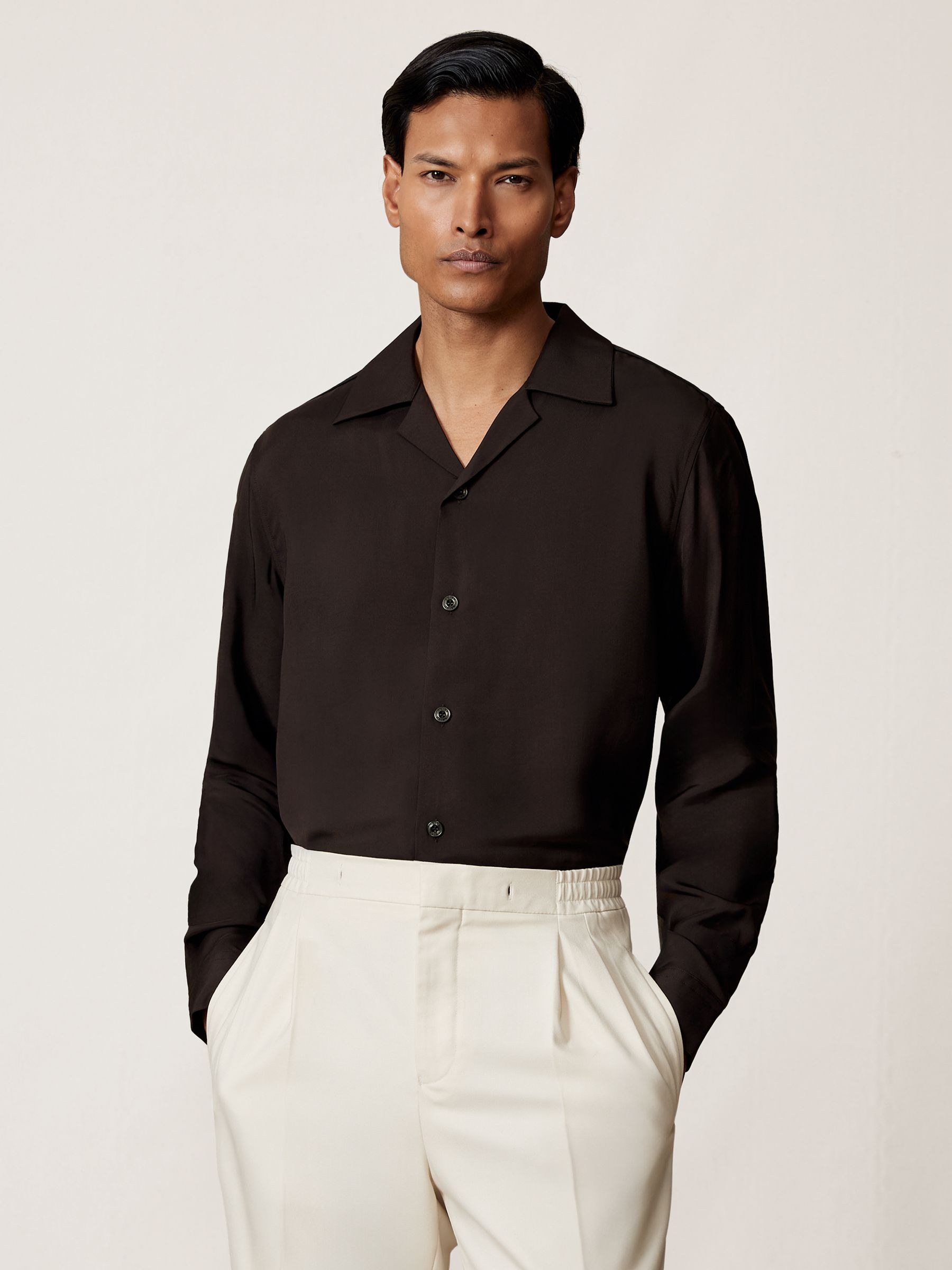 Twill Piped Cuban-Collar Shirt in Chocolate Brown - image 5