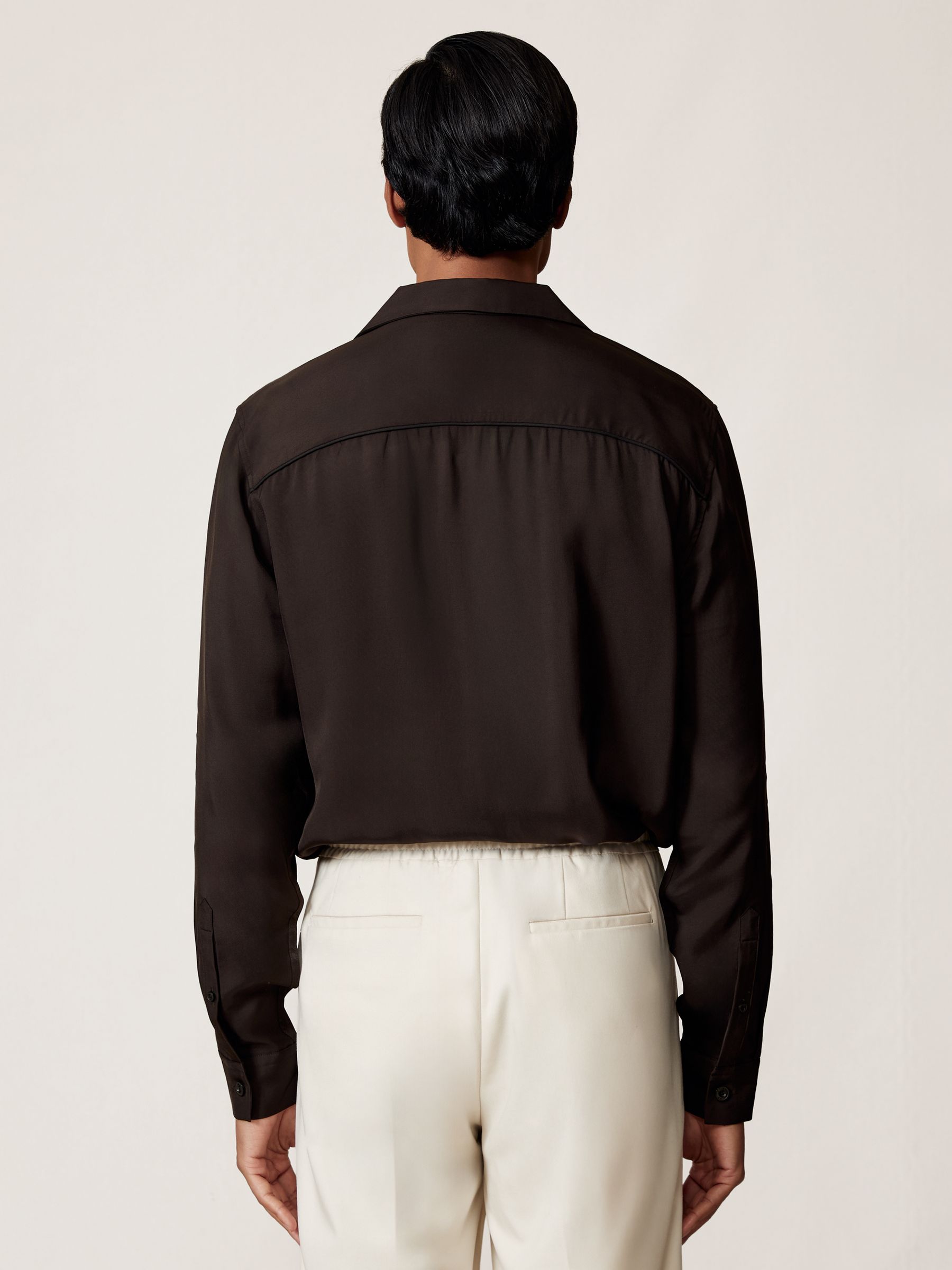 Twill Piped Cuban-Collar Shirt in Chocolate Brown - Image 6 of 8