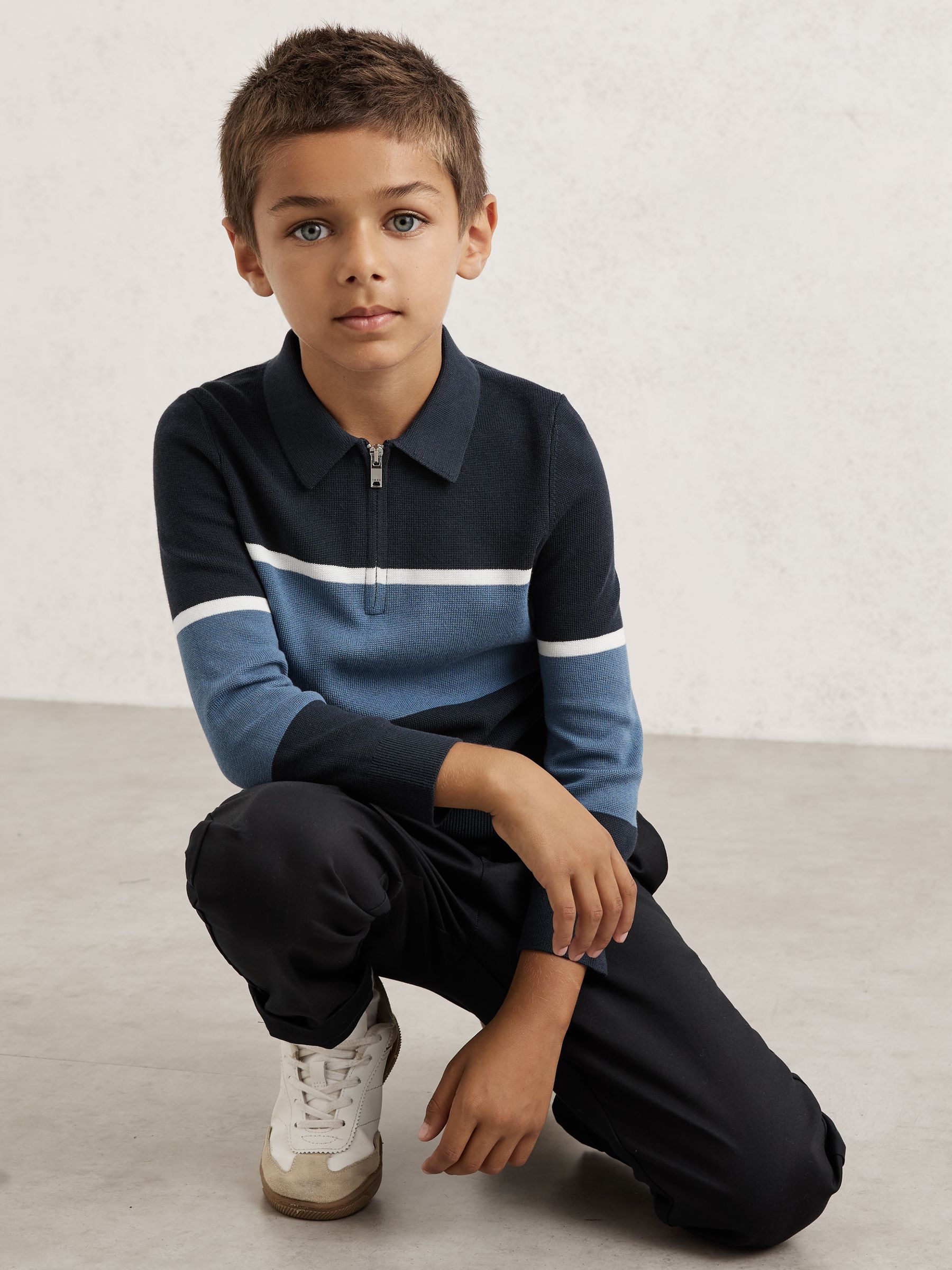 13-14 yrs Cotton-Blend Colour-Block Polo Shirt in Navy Blue/Airforce Blue - Image 2 of 4