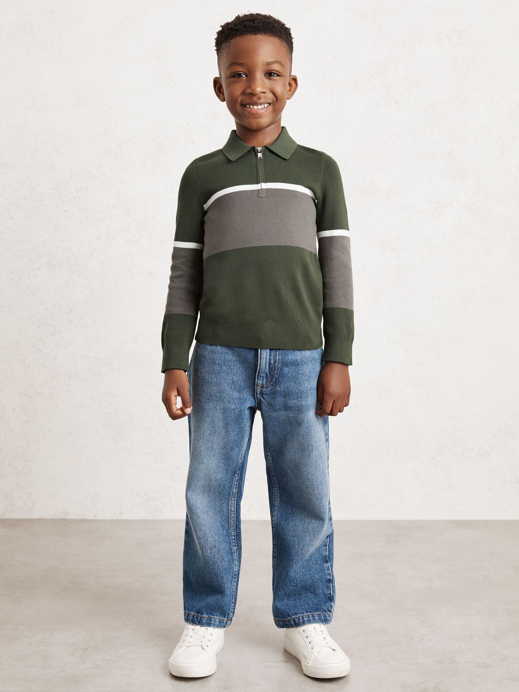 3-9 yrs Cotton-Blend Colour-Block Polo Shirt in Green/Grey - Image 1 of 4