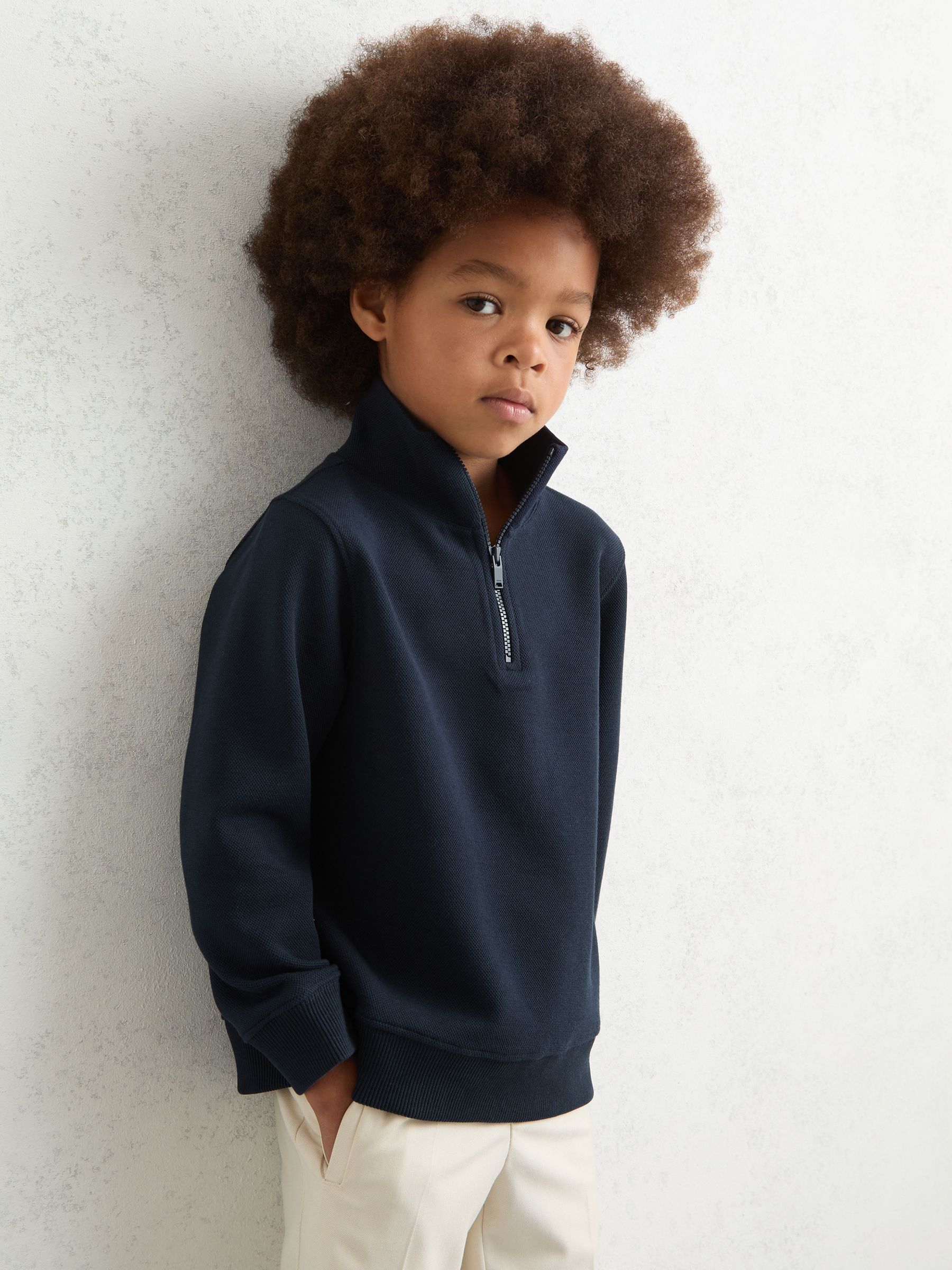 13-14 yrs Textured Half-Zip Sweatshirt with Cotton in Navy - Image 2 of 4