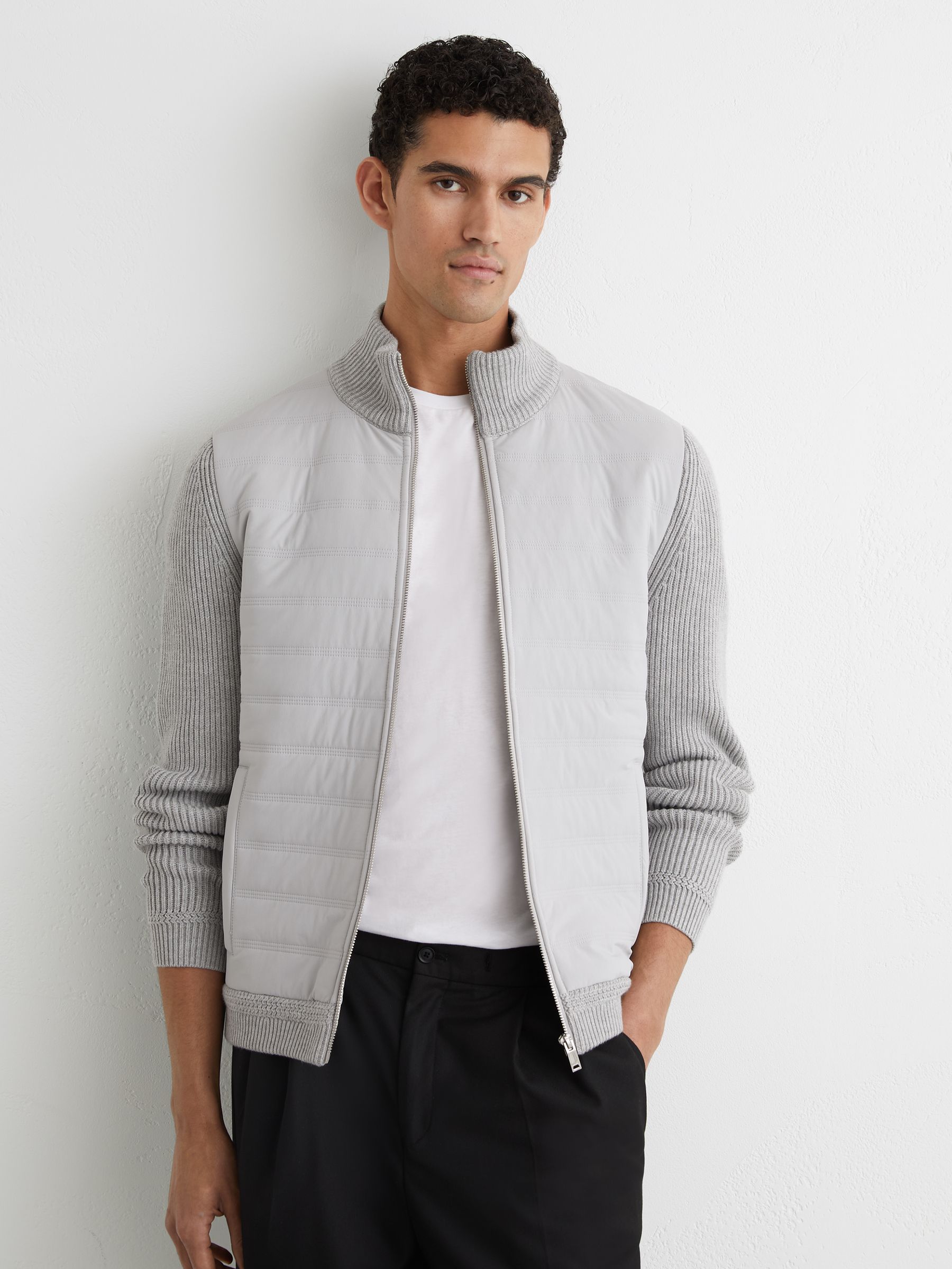 Quilted Rib-Knit Funnel-Neck Jacket in Soft Grey - image 3