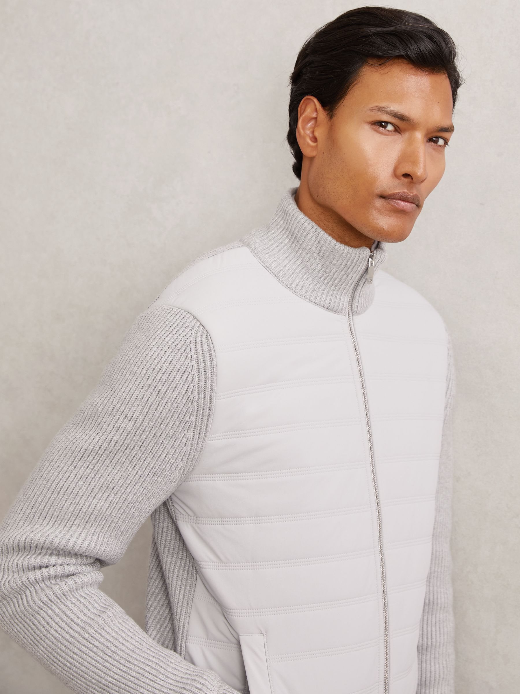 Quilted Rib-Knit Funnel-Neck Jacket in Soft Grey - Image 1 of 8