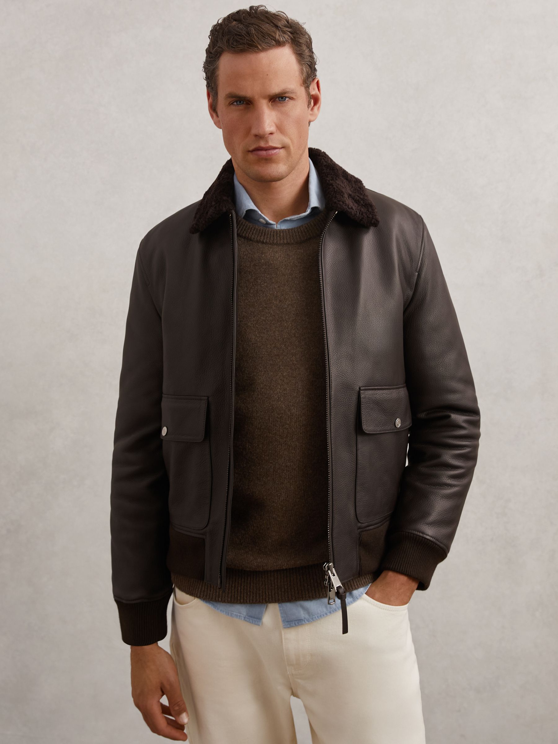 Leather Shearling-Collar Bomber Jacket in Brown - Image 1 of 7