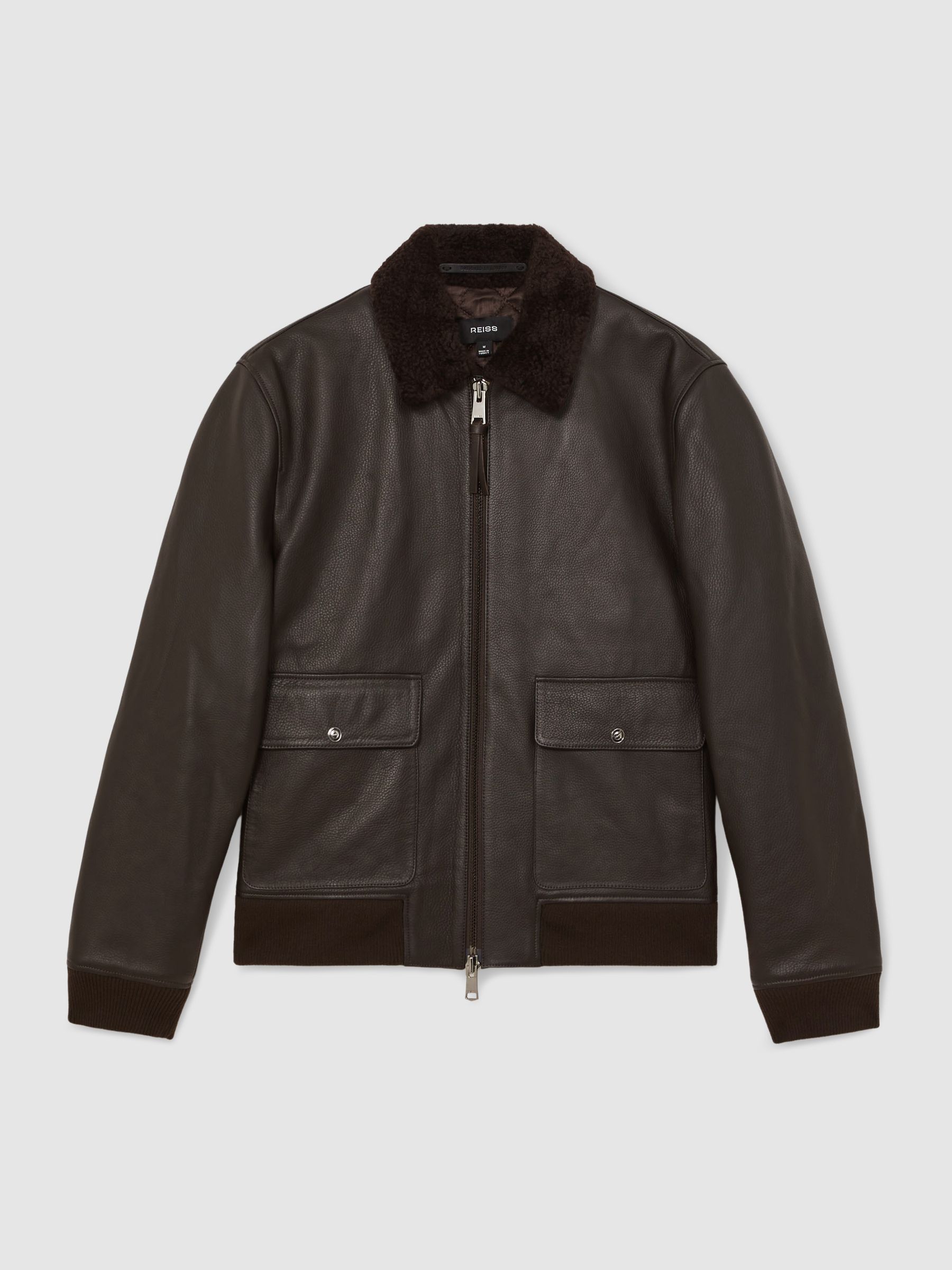 Leather Shearling-Collar Bomber Jacket in Brown - Image 2 of 7