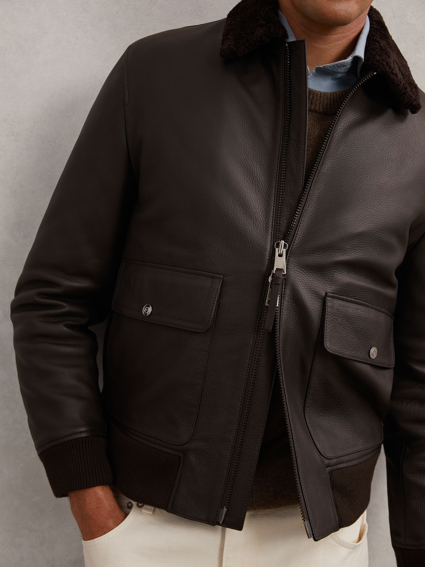Leather Shearling-Collar Bomber Jacket in Brown - Image 4 of 7