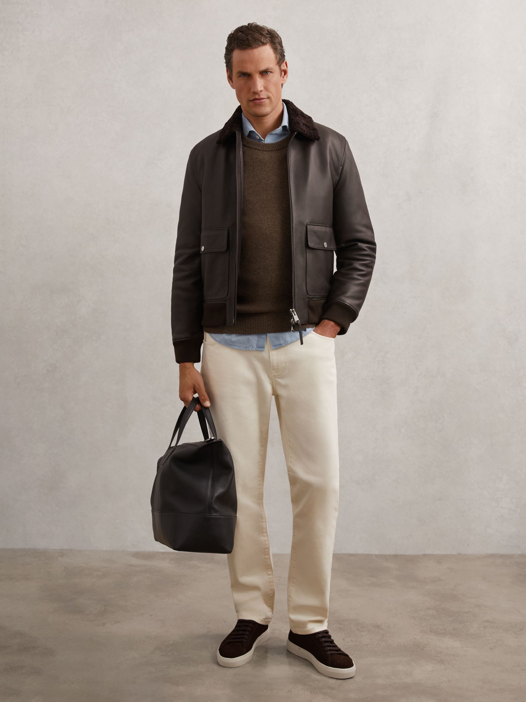 Leather Shearling-Collar Bomber Jacket in Brown - image 4