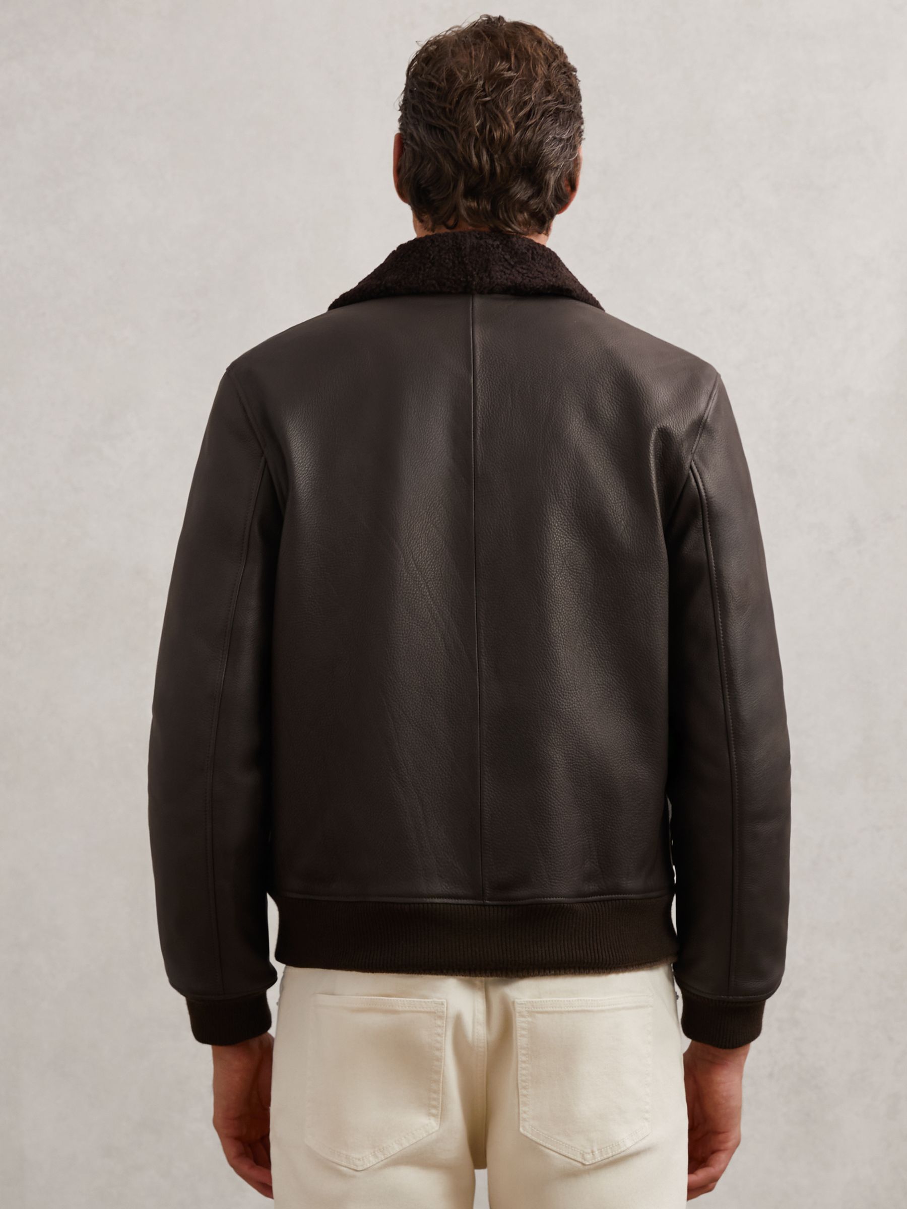 Leather Shearling-Collar Bomber Jacket in Brown - image 5