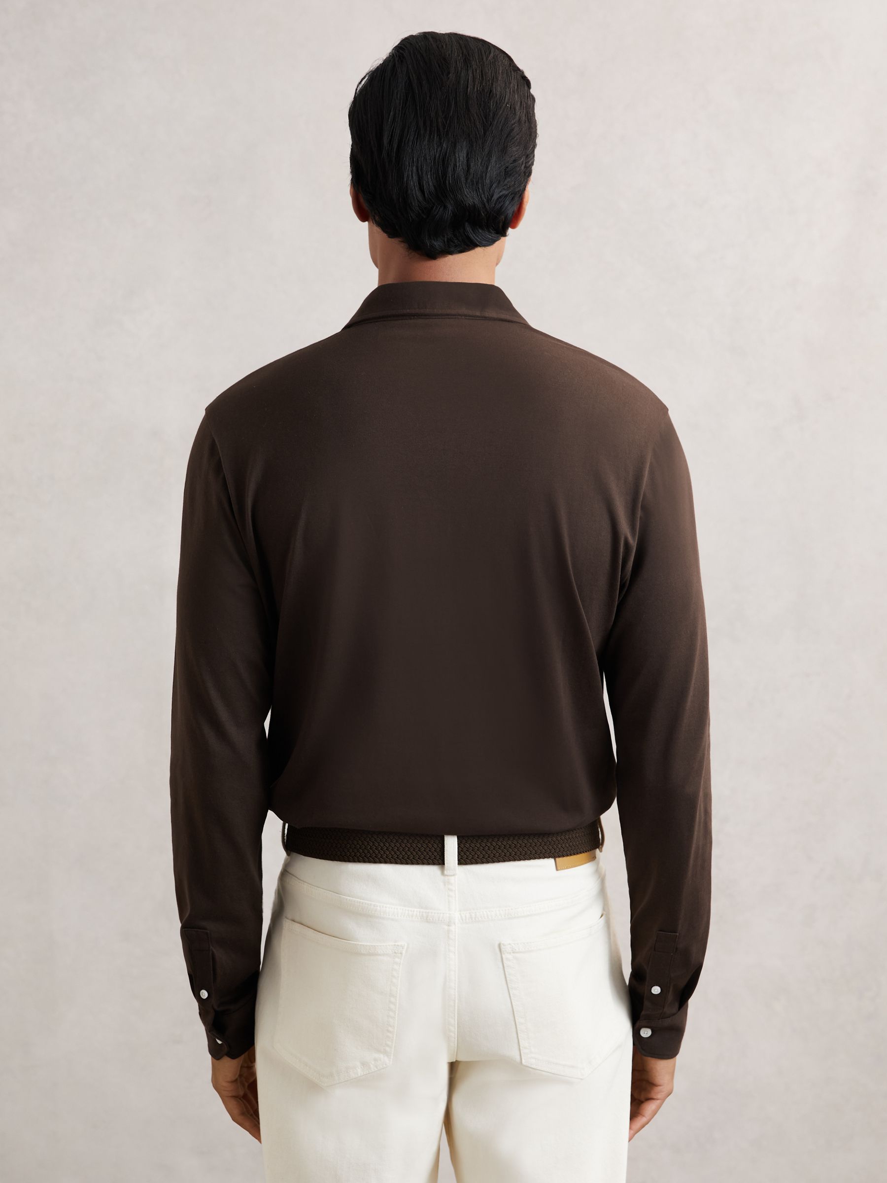 Cotton-Jersey Long Sleeve Polo Shirt in Brown - Image 5 of 6