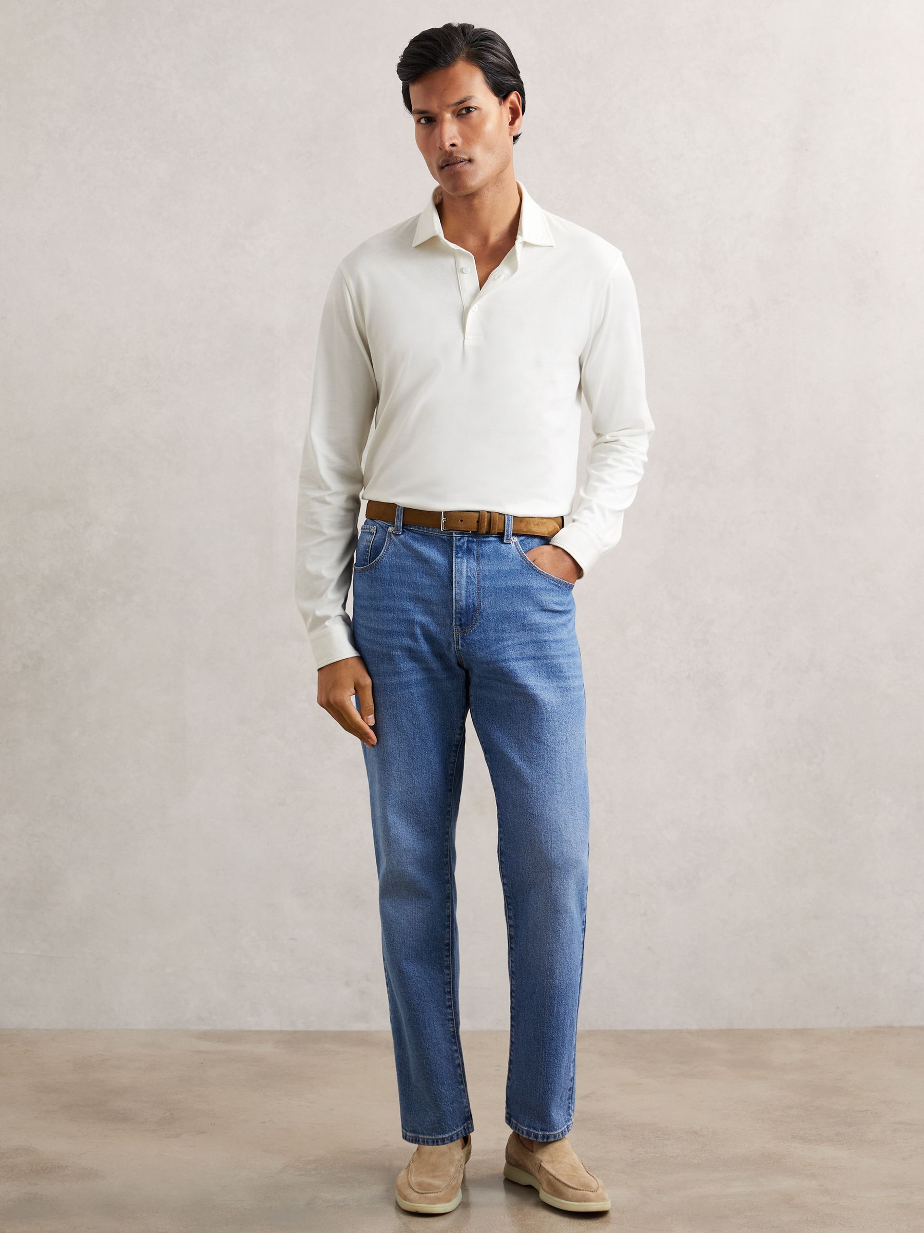 Cotton-Jersey Long Sleeve Polo Shirt in White - Image 4 of 6