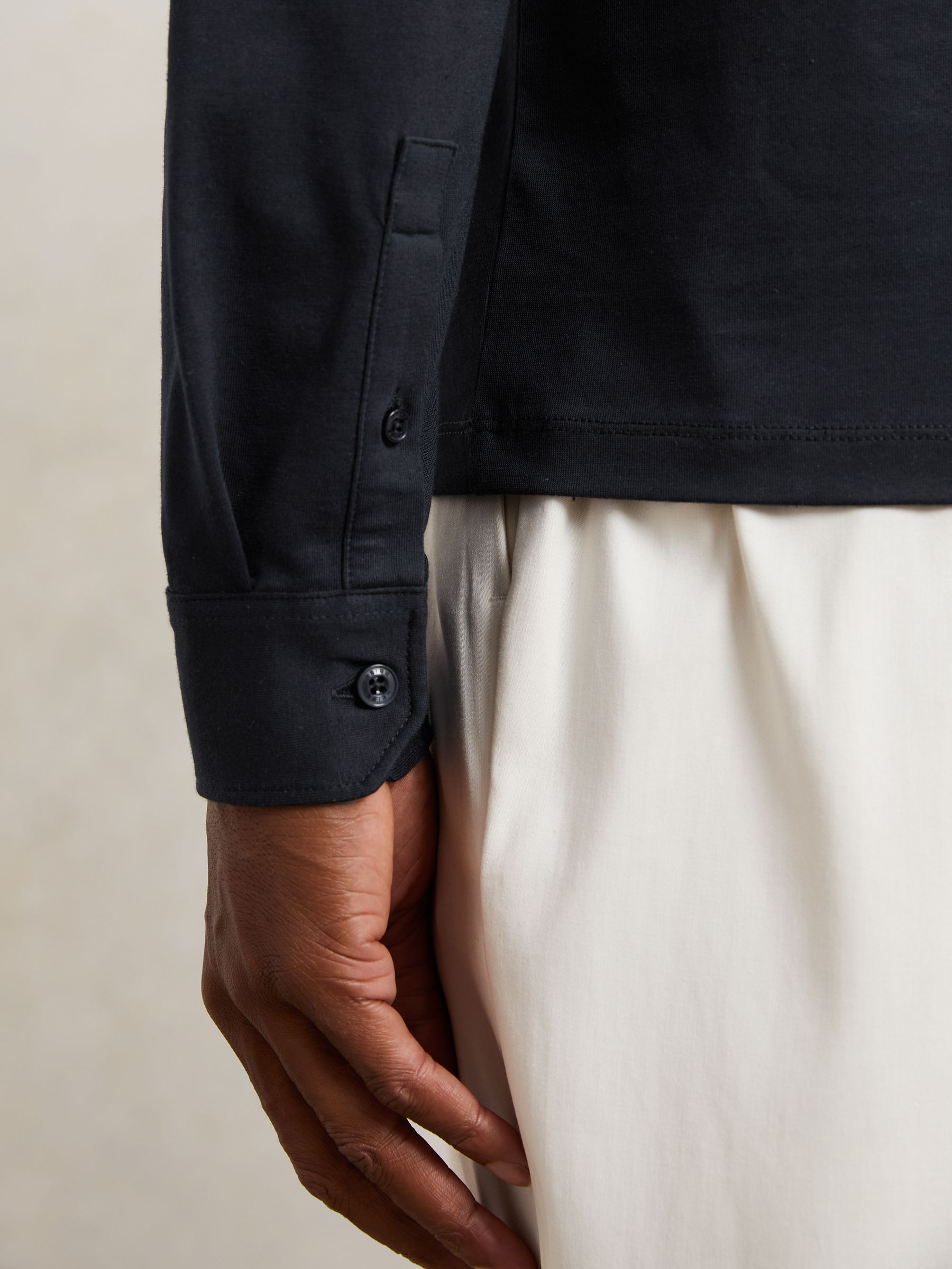 Cotton-Jersey Long Sleeve Polo Shirt in Navy - Image 5 of 6