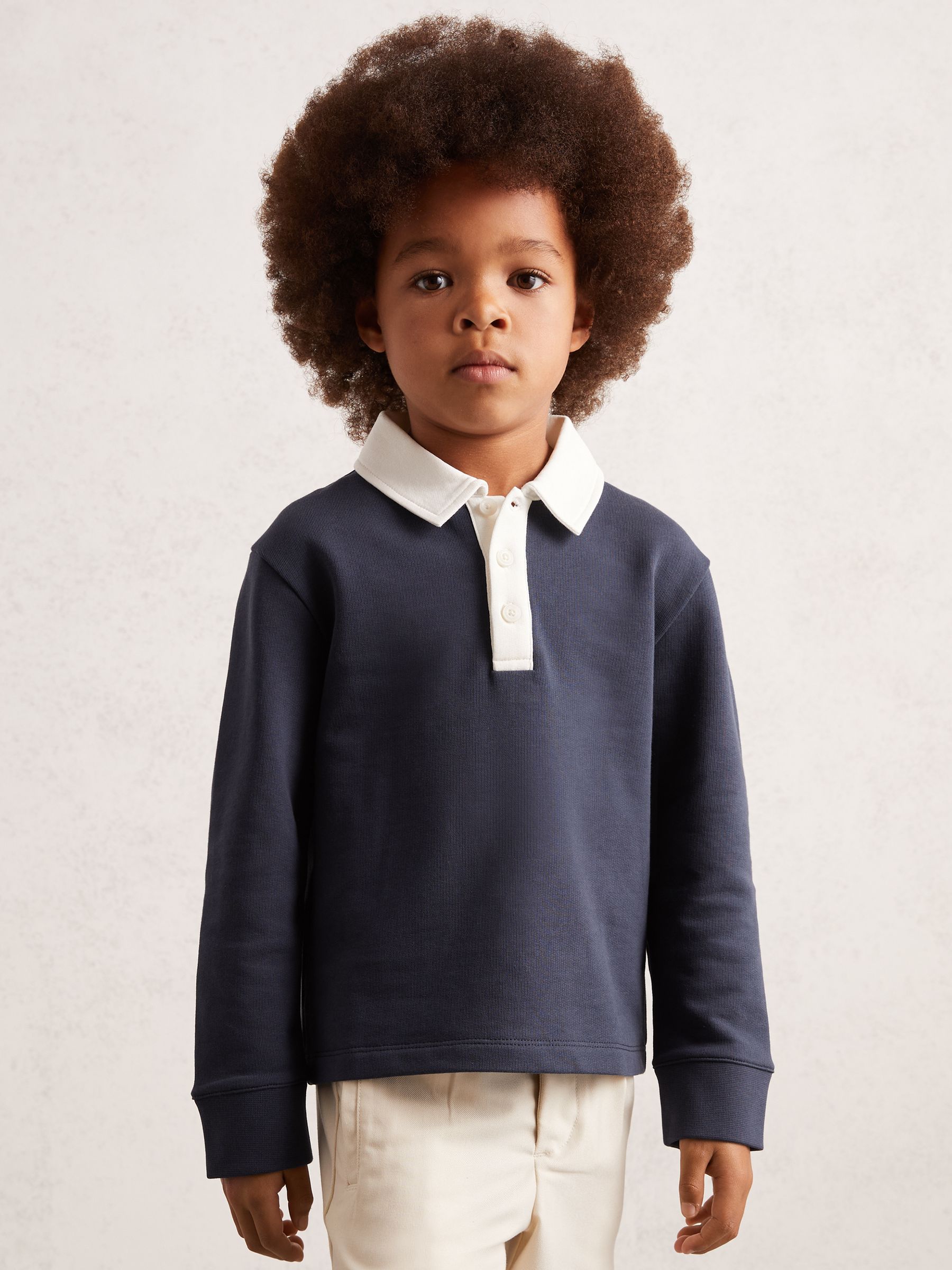 9-13 yrs Cotton Half-Button Rugby Polo Shirt in Navy/White - Image 1 of 4