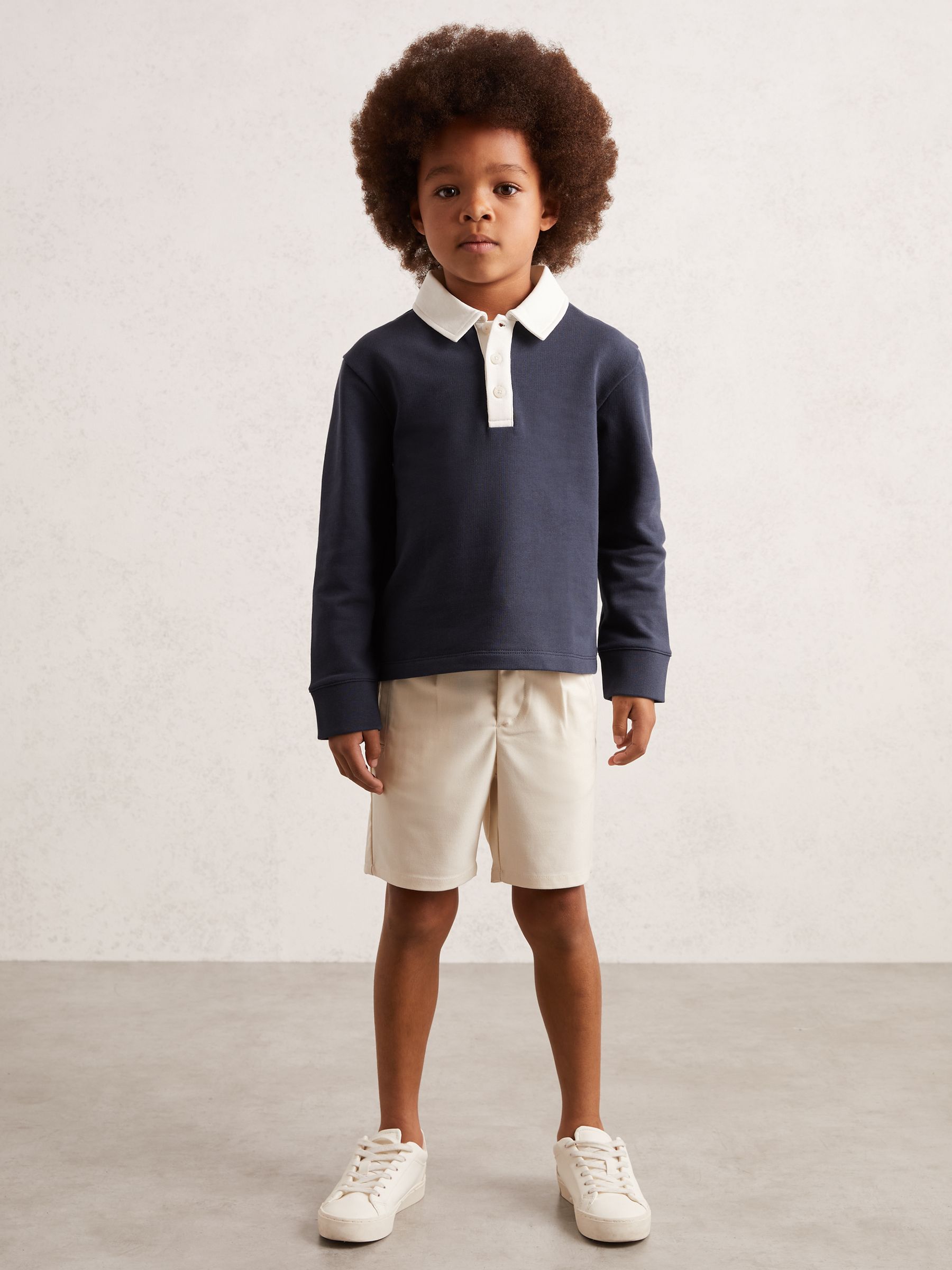 9-13 yrs Cotton Half-Button Rugby Polo Shirt in Navy/White - Image 3 of 4