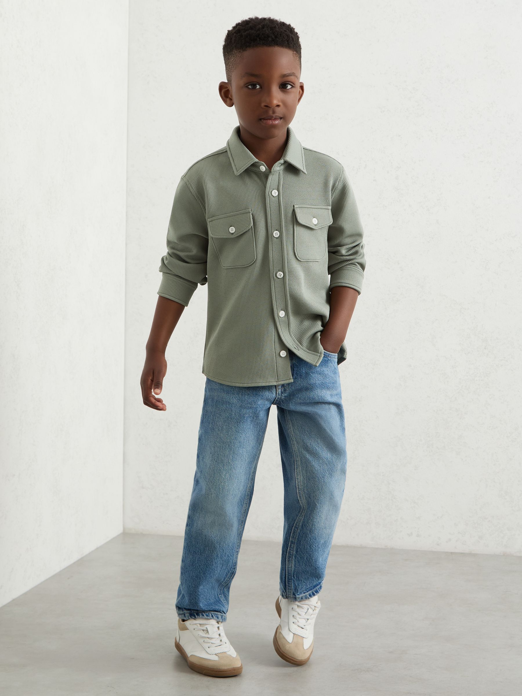3-9 yrs Waffle-Textured Twin-Pocket Overshirt in Sage - Image 3 of 4
