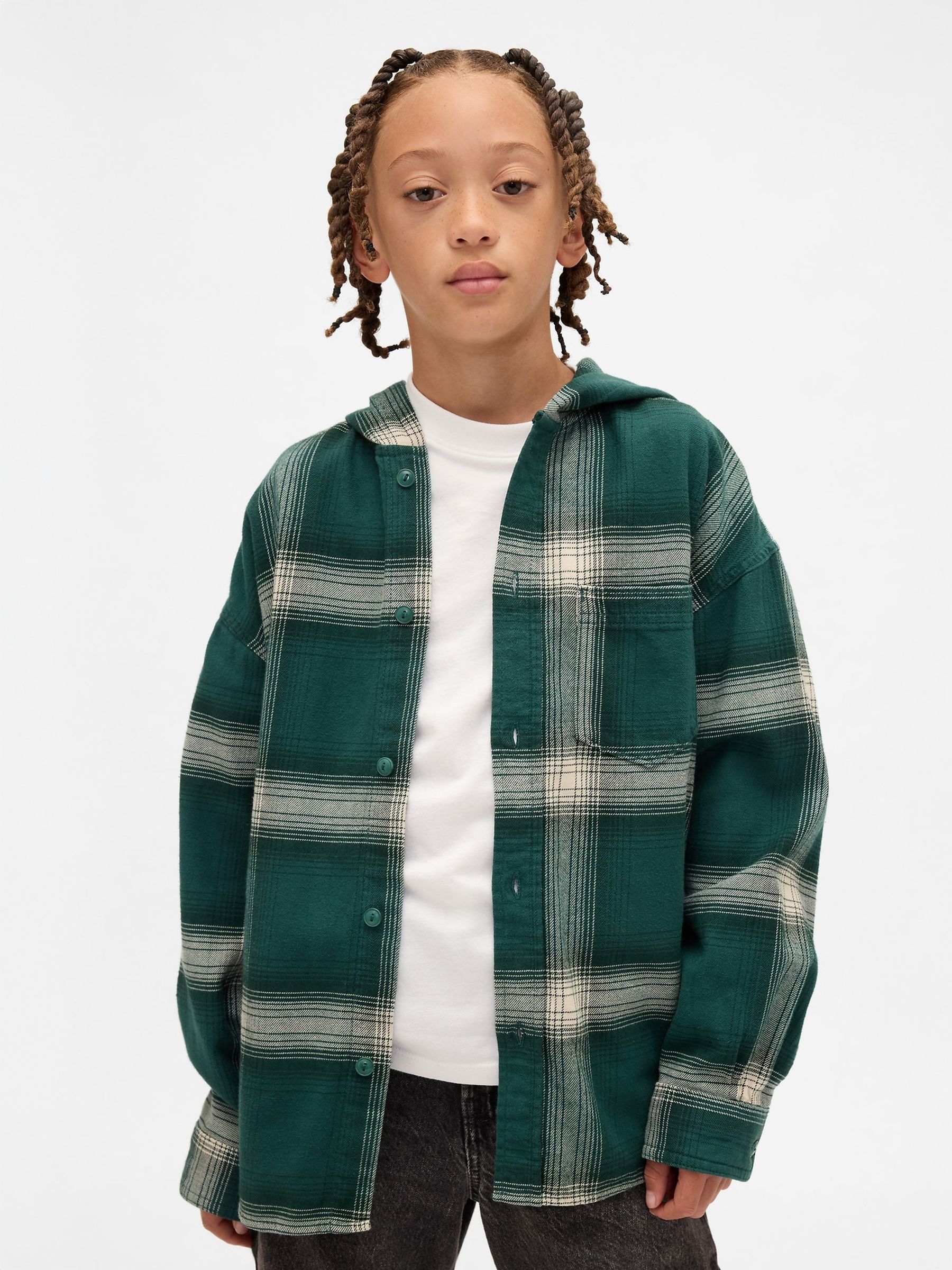 Green Cotton Hooded Flannel Shirt (4-13yrs) - Image 1 of 5