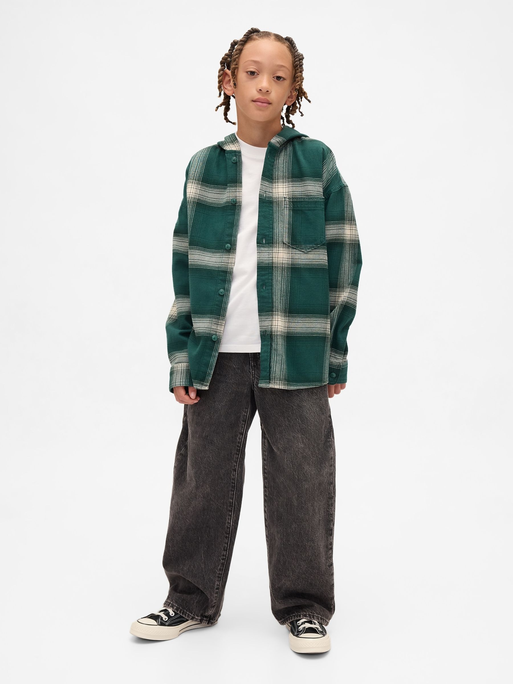 Green Cotton Hooded Flannel Shirt (4-13yrs) - Image 3 of 5
