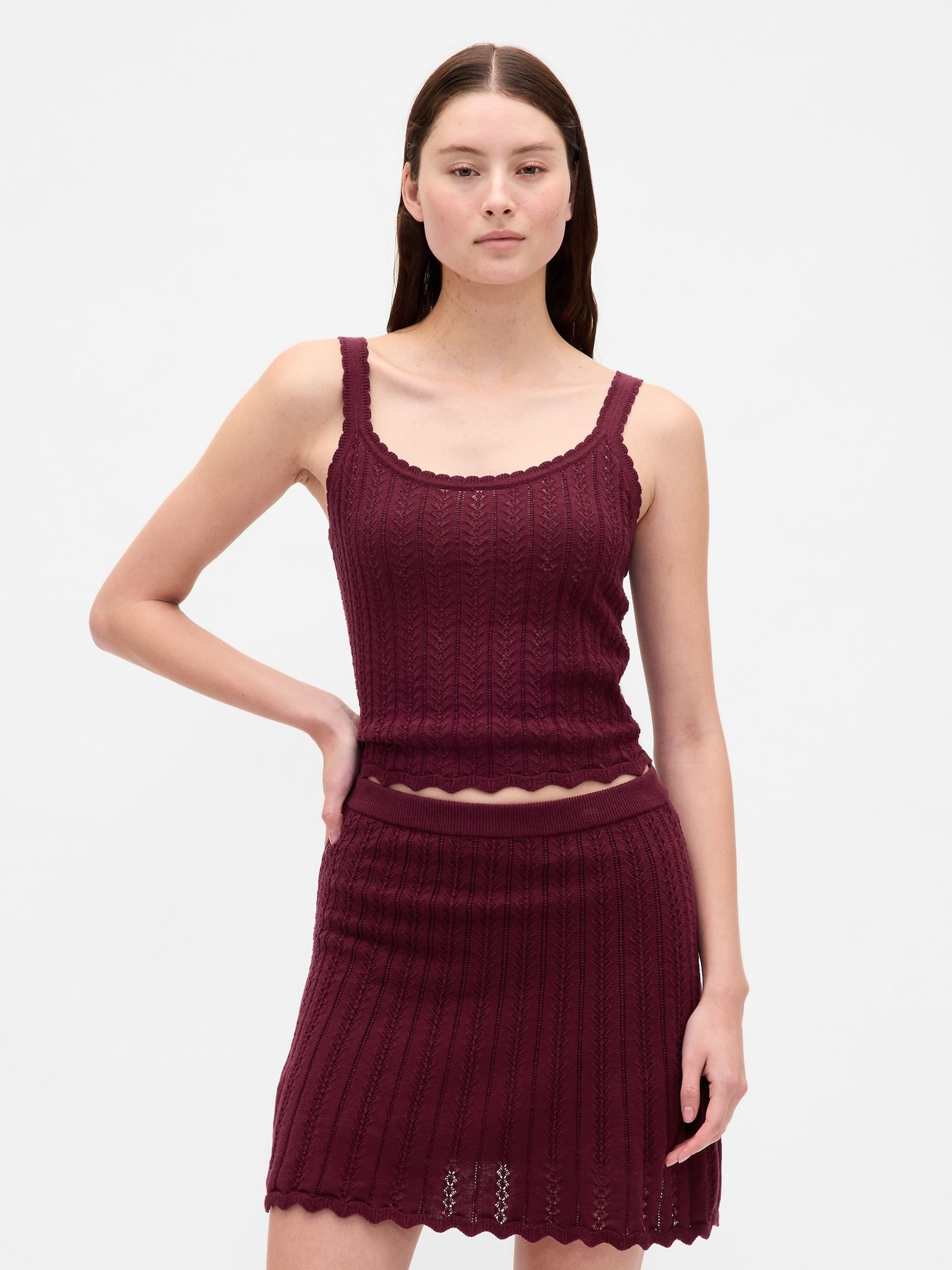 Burgundy Red Pointelle Vest Top - Image 1 of 4 Burgundy Red Pointelle Vest Top - Image 1 of 4