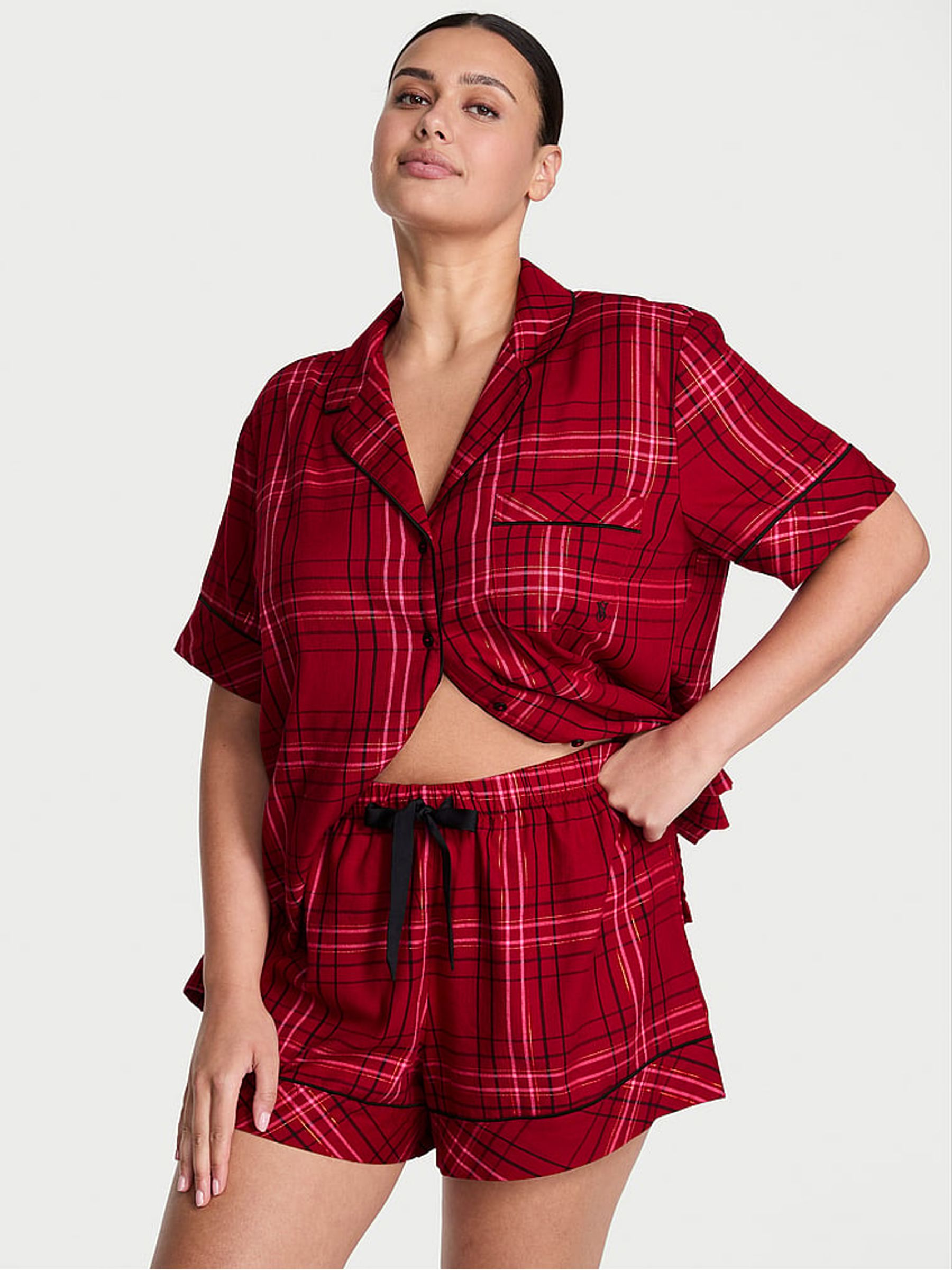 Red Lacquer Christmas Tartan Flannel Short Pyjamas Set - Image 1 of 2