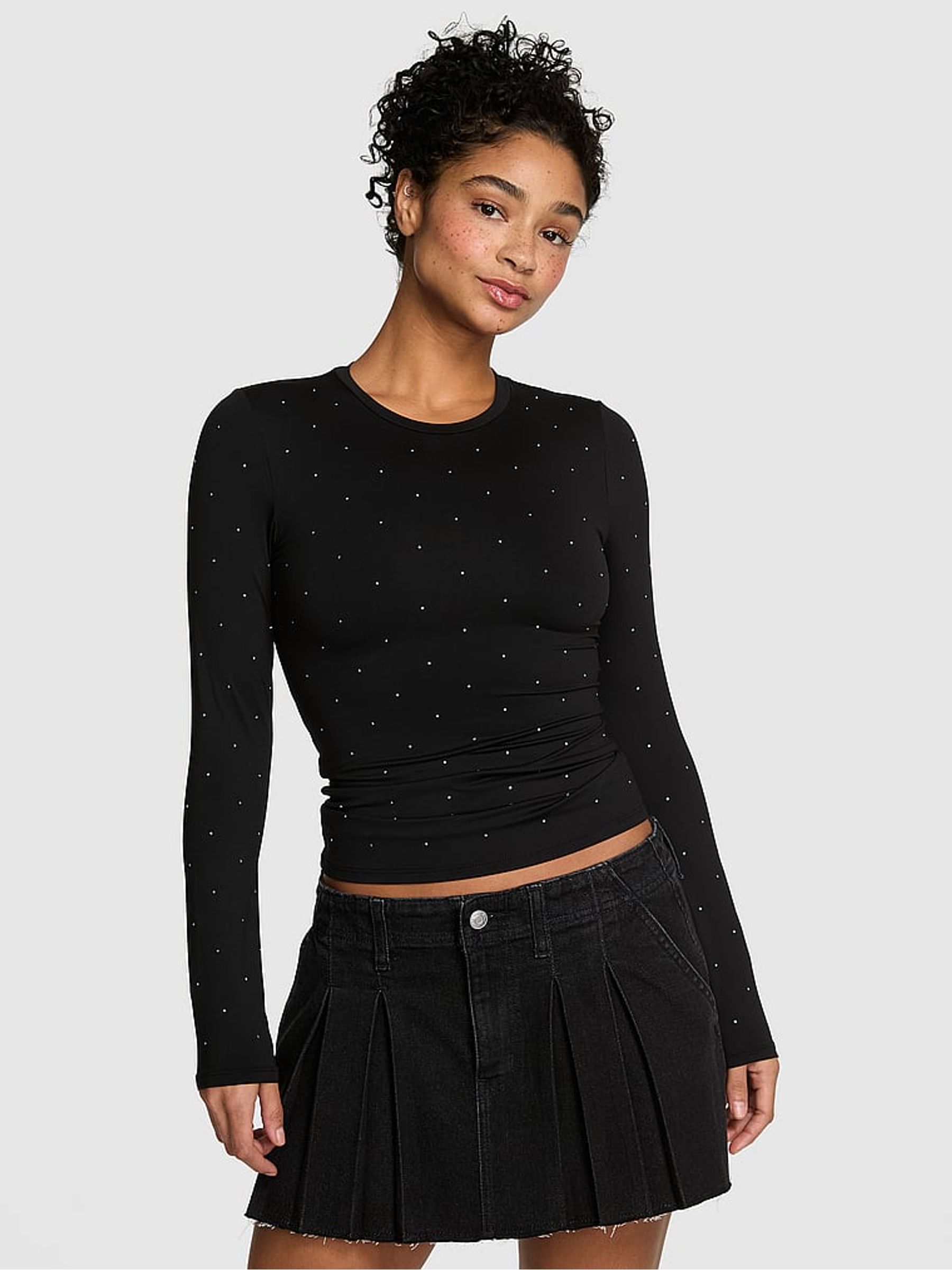 Black Diamonte Long Sleeve Stretch T-Shirt - Image 1 of 2