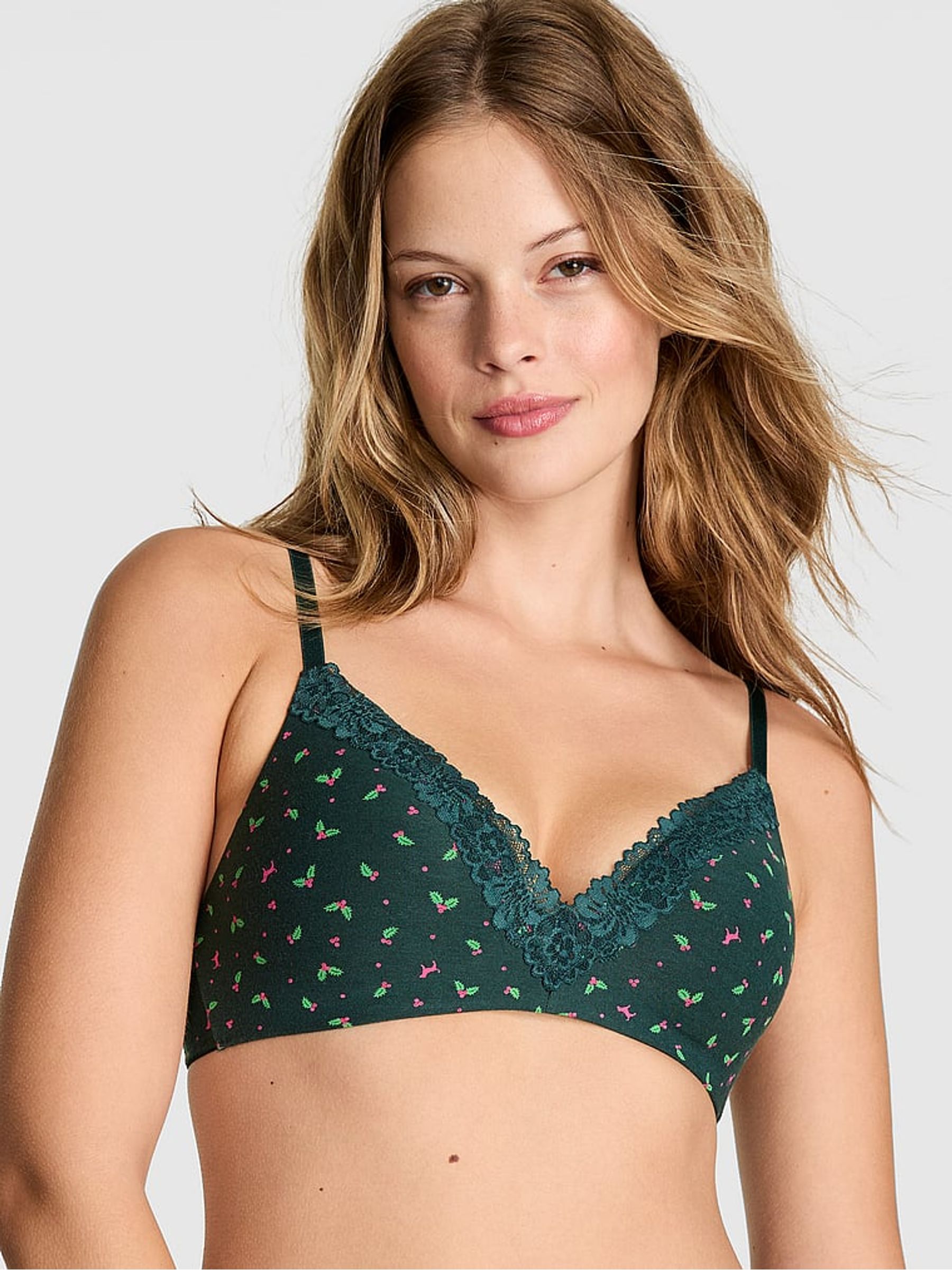 Deep Forest Green Holly Print Non Wired Lightly Lined Cotton Heather Lace Trim Bra - Image 1 of 2 Deep Forest Green Holly Print Non Wired Lightly Lined Cotton Heather Lace Trim Bra - Image 1 of 2