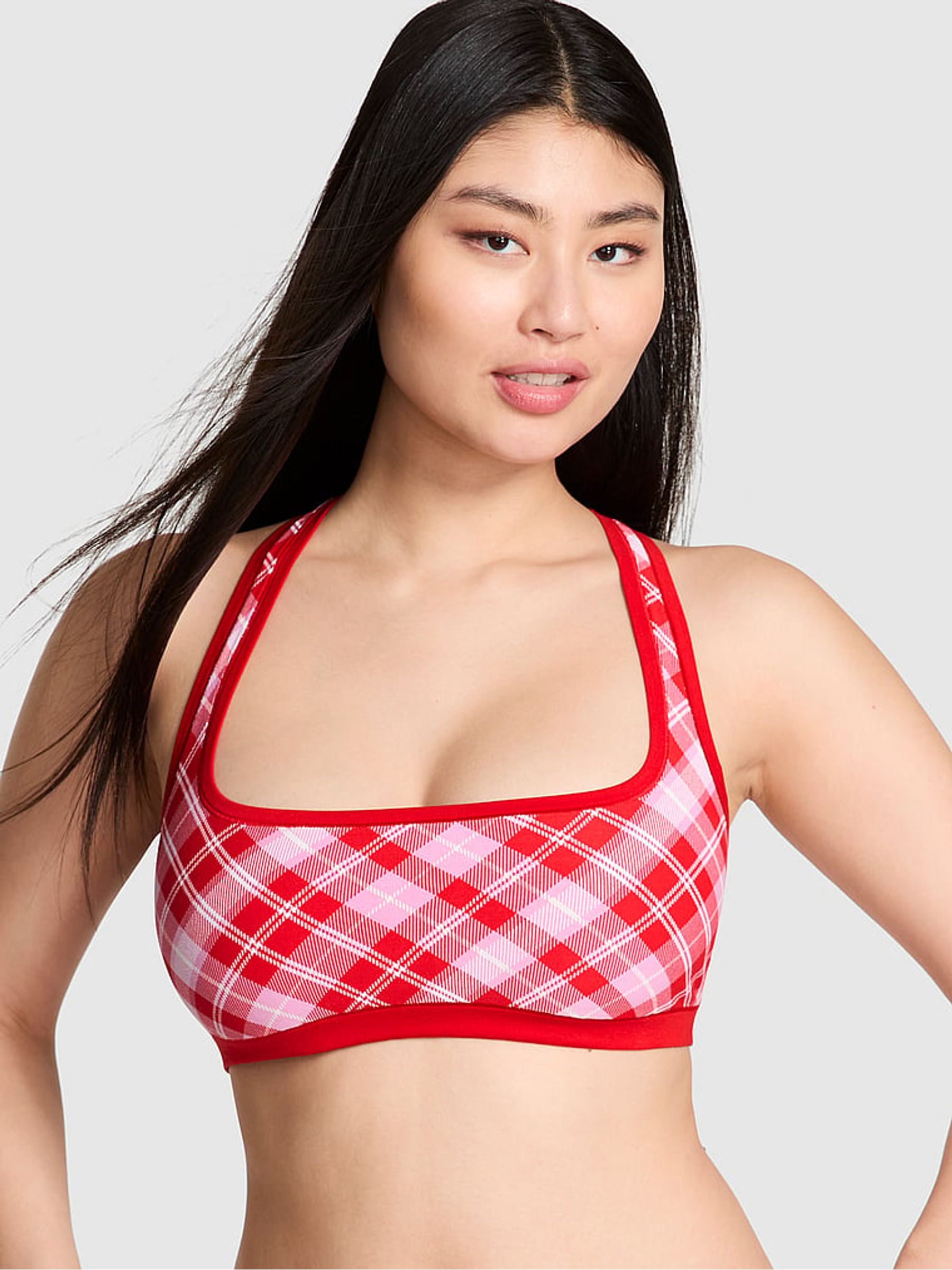 Bright Vermillion Red Tartan Cotton Racerback Bralette - Image 1 of 3 Bright Vermillion Red Tartan Cotton Racerback Bralette - Image 1 of 3