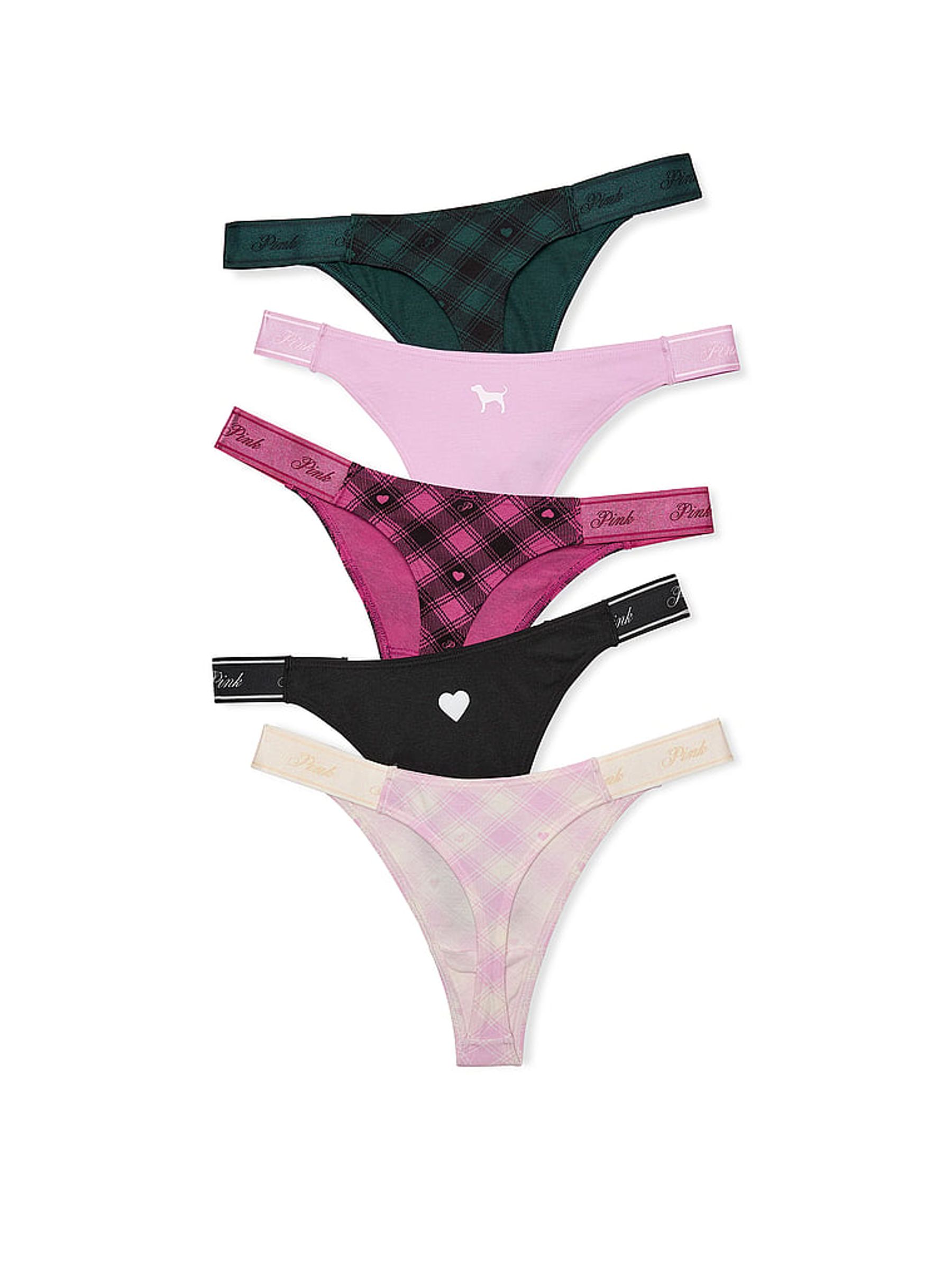 Pink/Green/Black Tartan Print Thong 5 Pack Logo Knickers - Image 1 of 1 Pink/Green/Black Tartan Print Thong 5 Pack Logo Knickers - Image 1 of 1