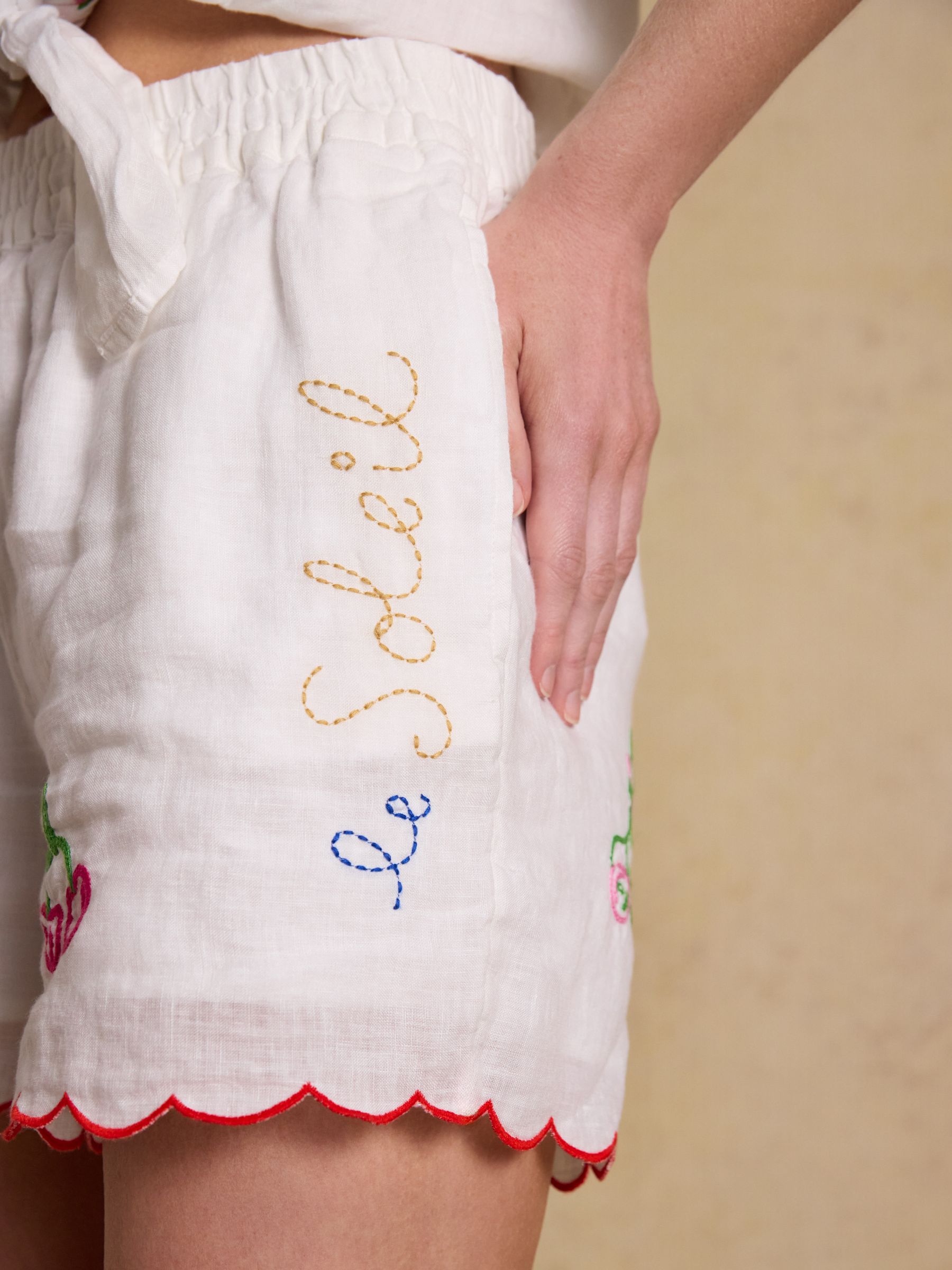 Orla White Embroidered Pure Linen Shorts - Image 10 of 11
