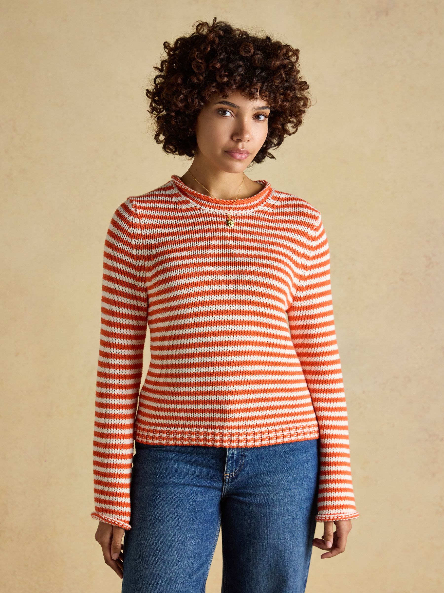 Orange & White Striped Cotton Crew Neck Jumper - Image 1 of 7