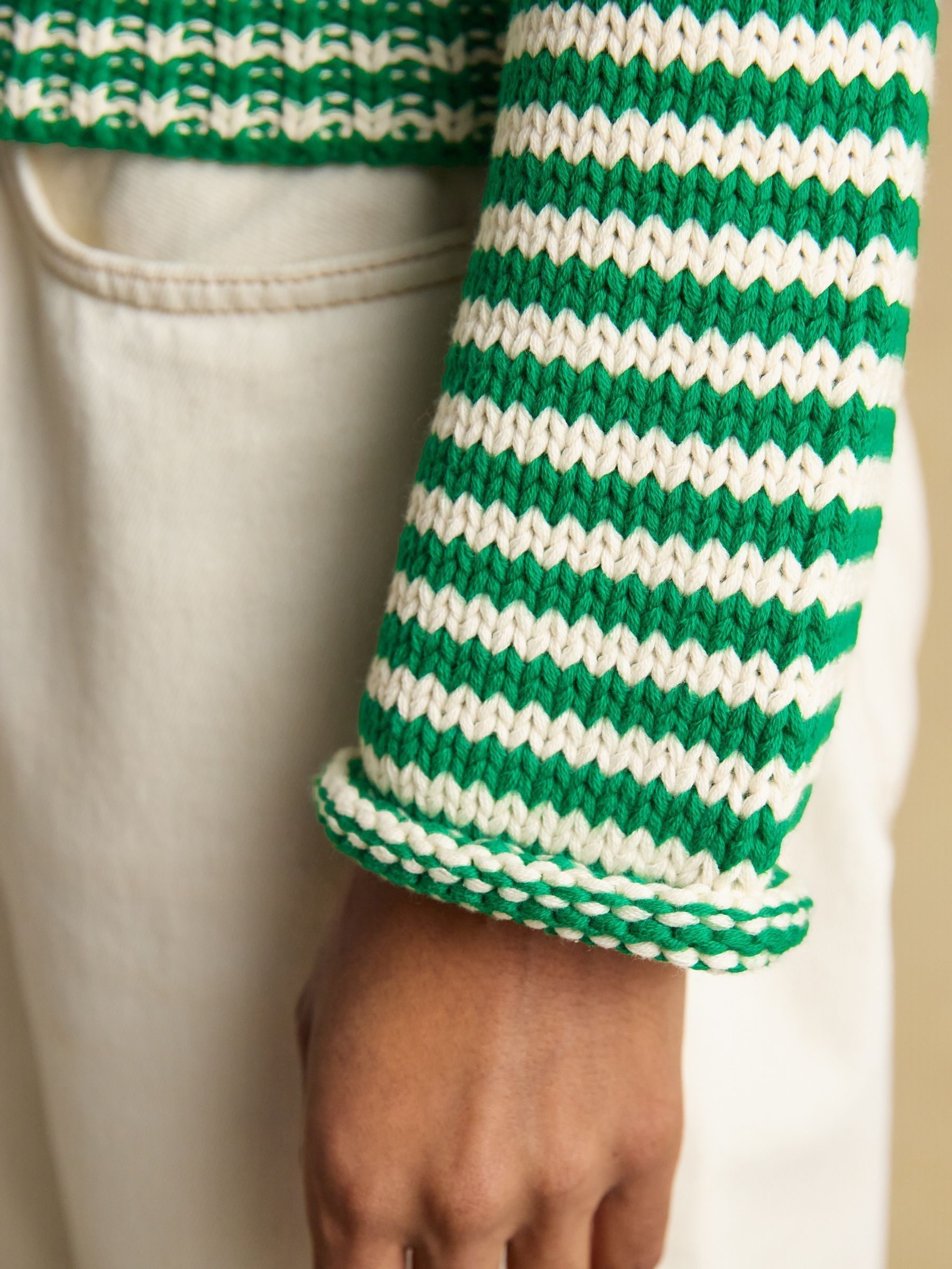 Green & White Striped Cotton Knitted Crew Neck Jumper - Image 6 of 8