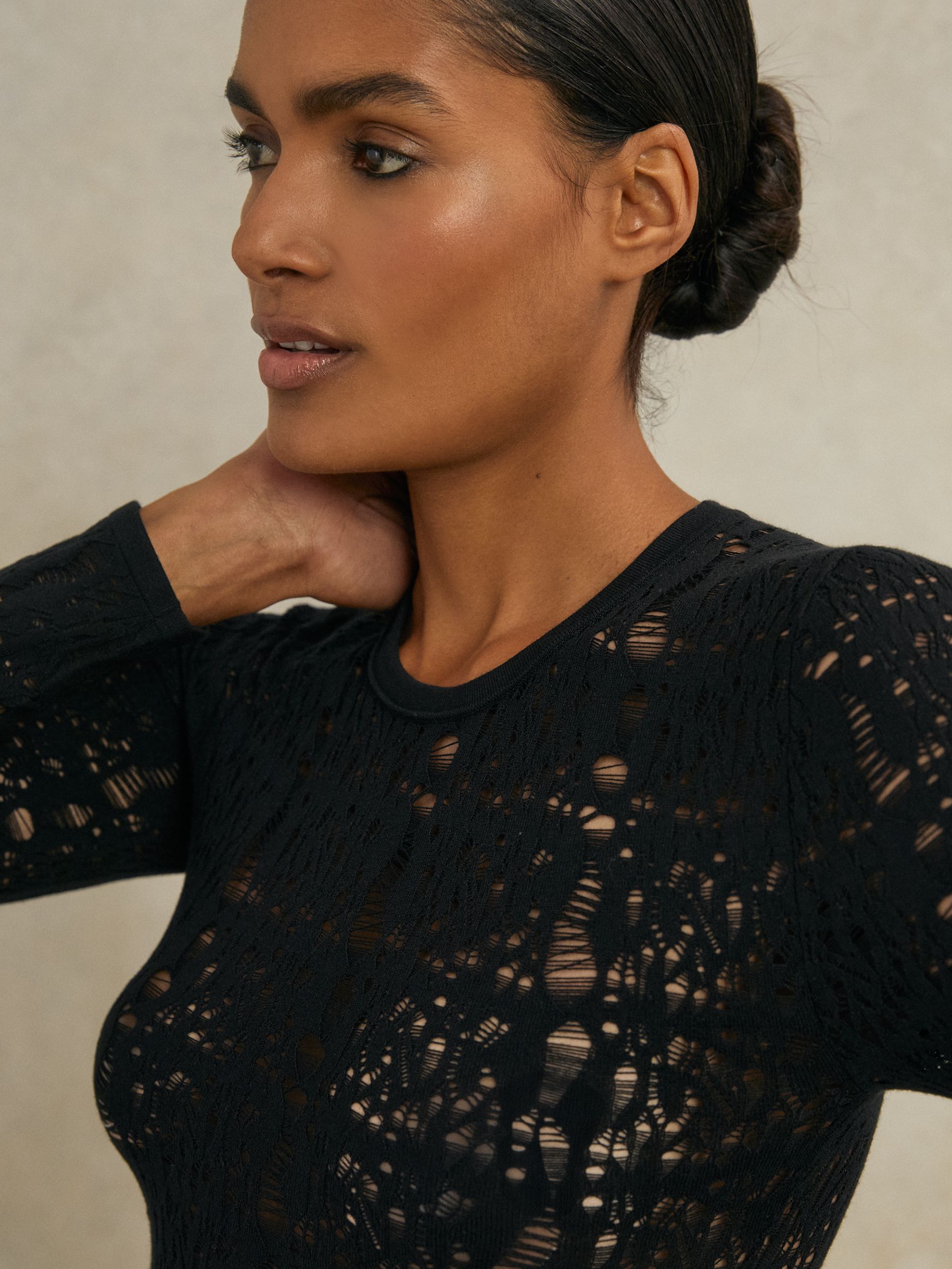 Atelier Lace-Knit Long-Sleeve Bodysuit in Black - Image 4 of 6