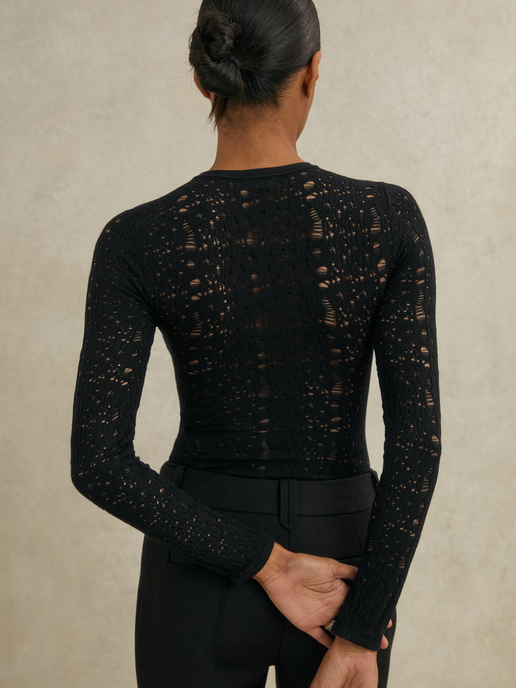 Atelier Lace-Knit Long-Sleeve Bodysuit in Black - Image 5 of 6