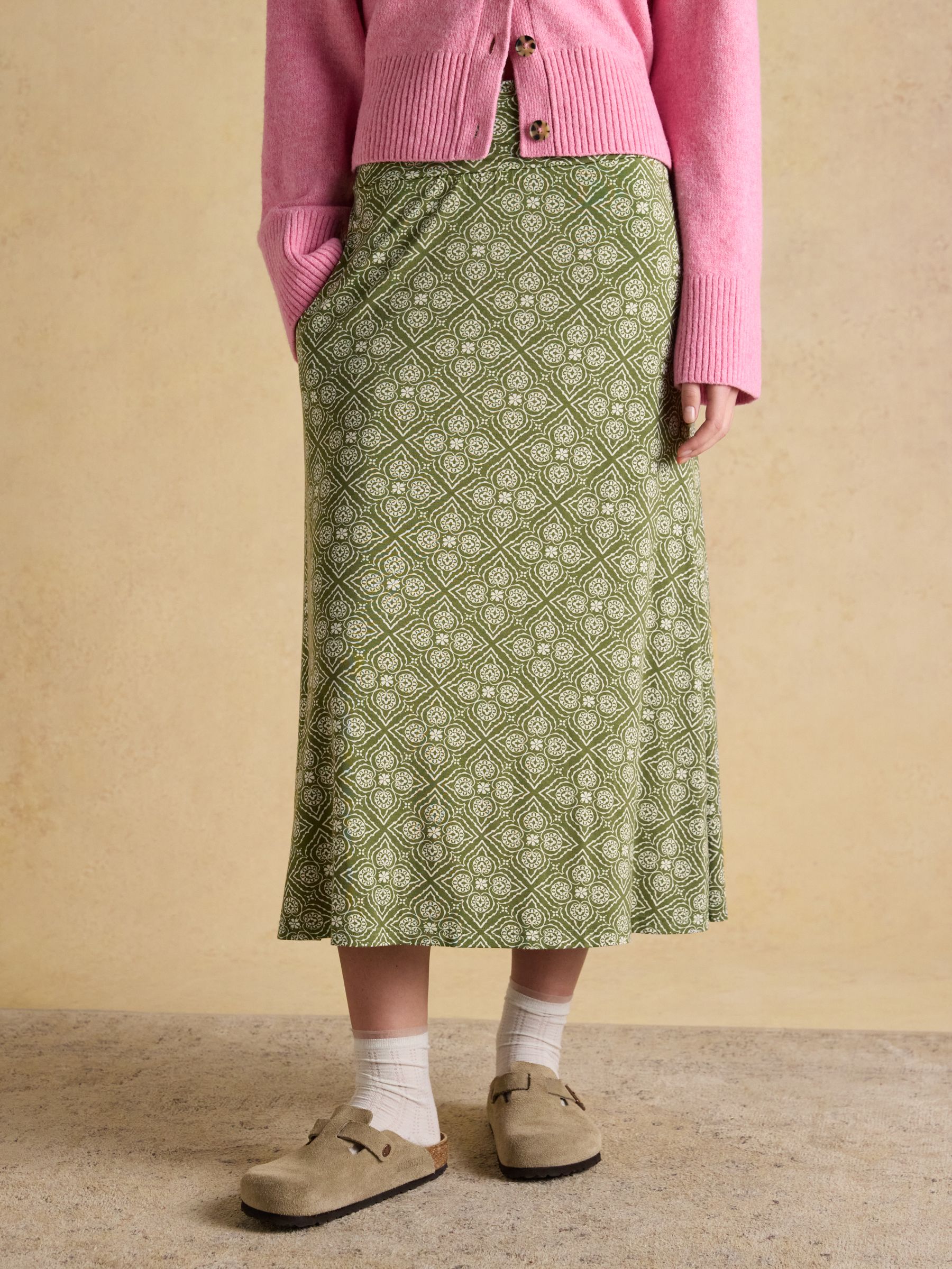 Nia Khaki Green Jersey Midi Skirt - Image 1 of 6