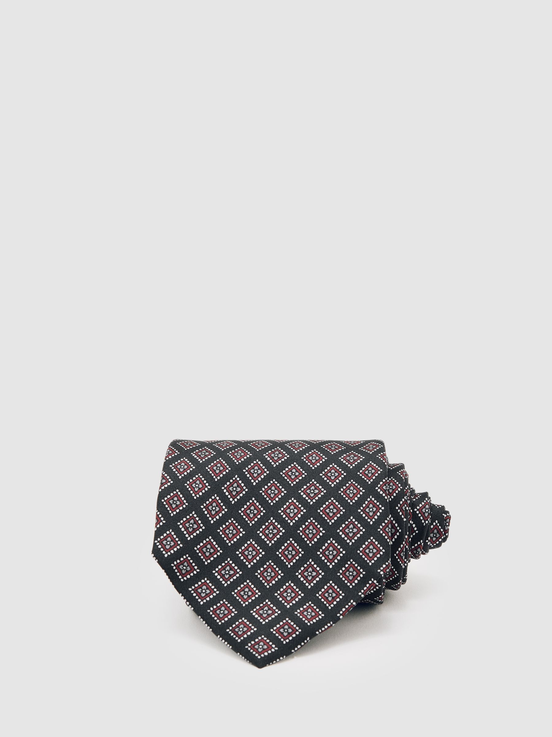 Silk Floral Medallion-Print Tie in Charcoal/Bordeaux - Image 1 of 5