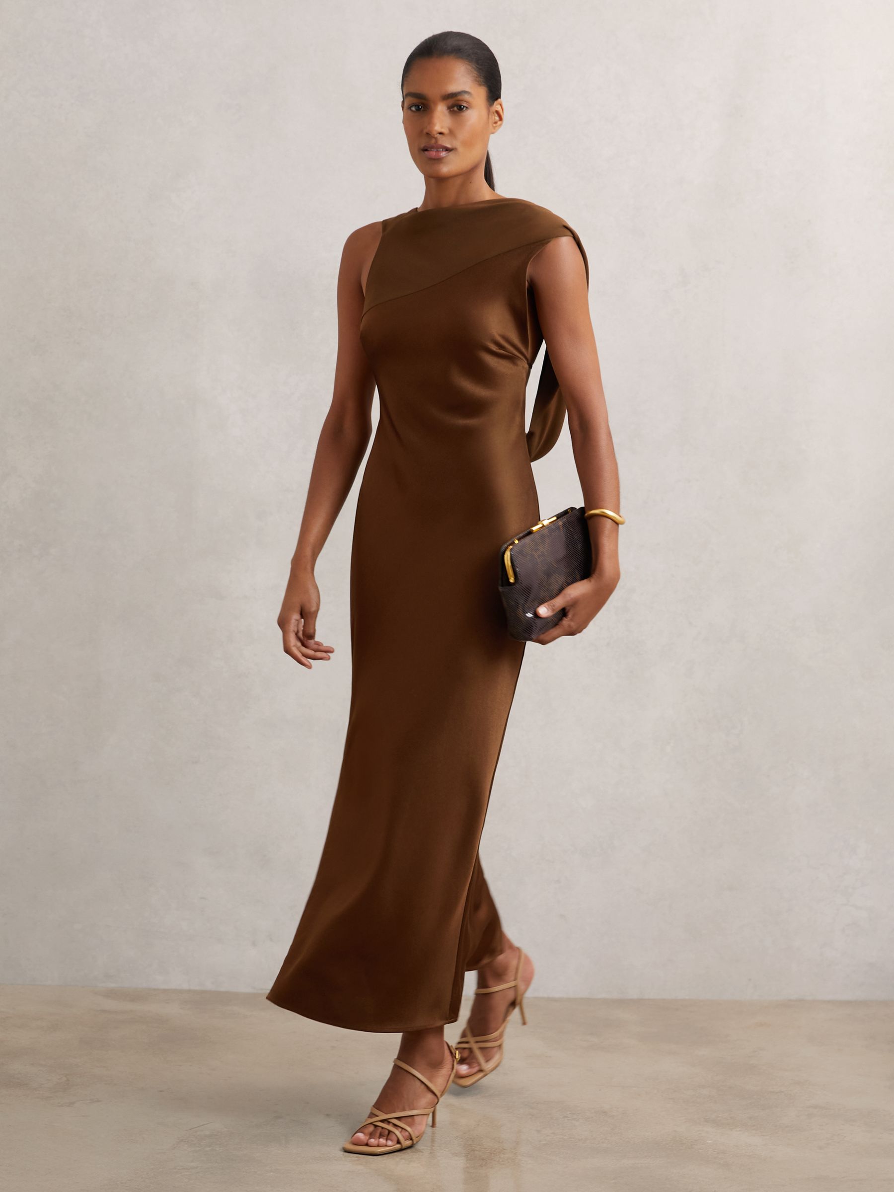 Reiss Satin Draped Open-Back Dress in Bronze | REISS