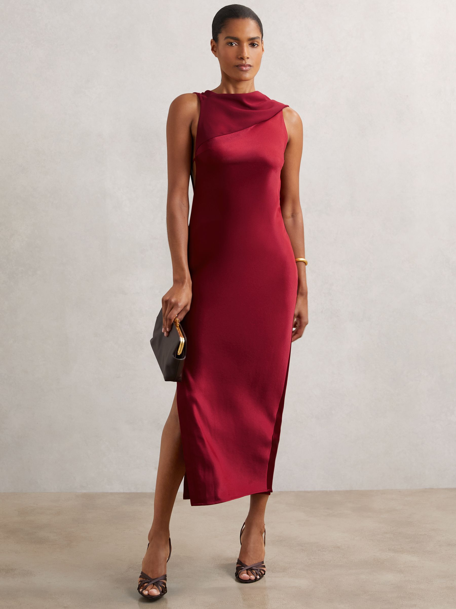 Satin Draped Open-Back Dress in Red - Image 3 of 7