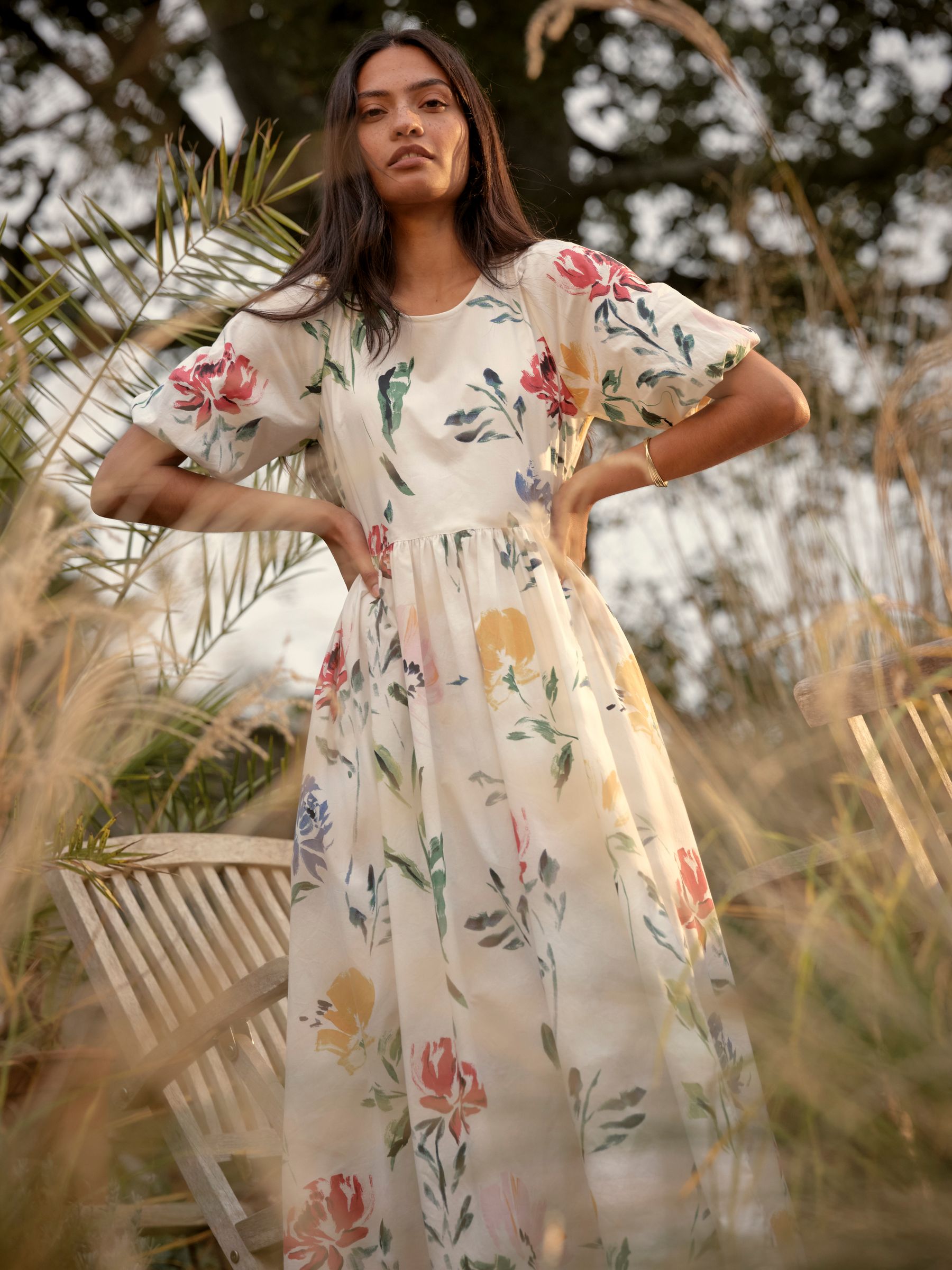 Bria White Painted Floral Regular Midi Dress - Image 1 of 7 Bria White Painted Floral Regular Midi Dress - Image 1 of 7