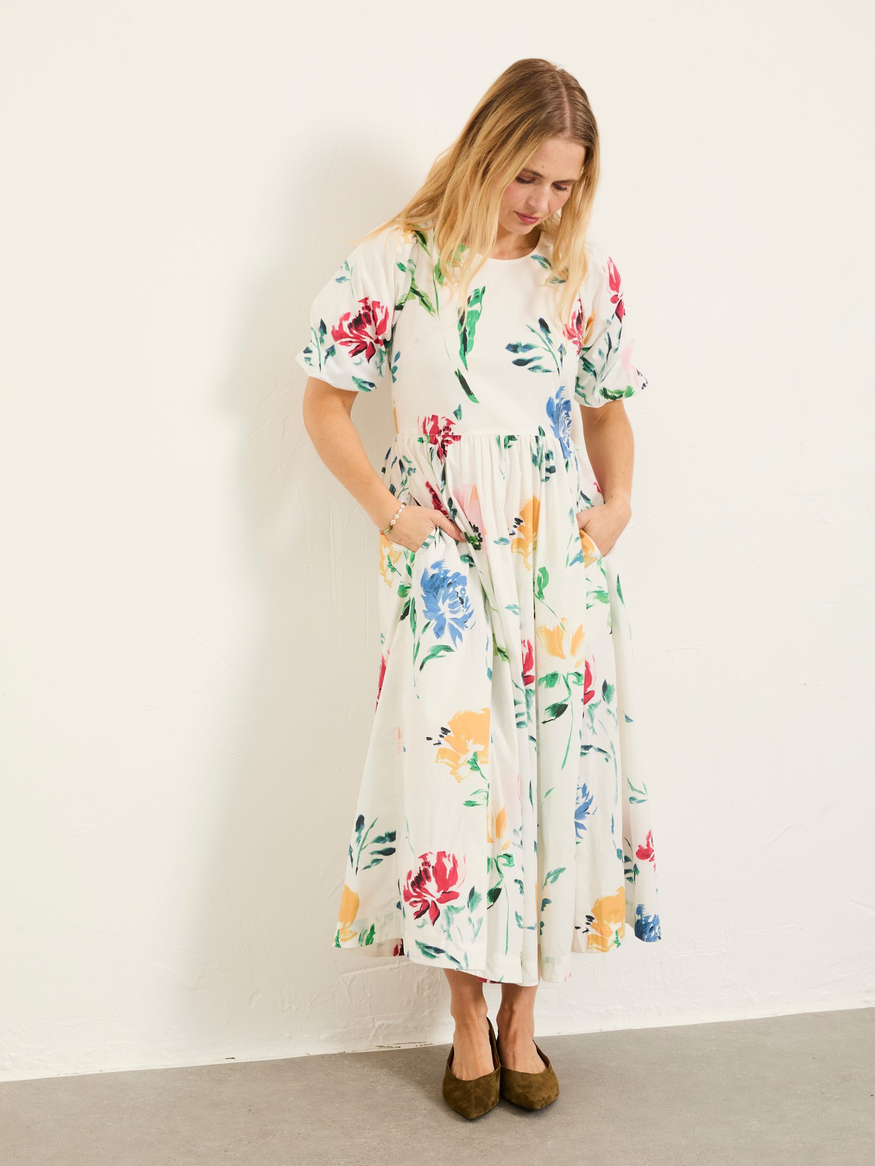 Bria White Painted Floral Regular Midi Dress - Image 2 of 7 Bria White Painted Floral Regular Midi Dress - Image 2 of 7