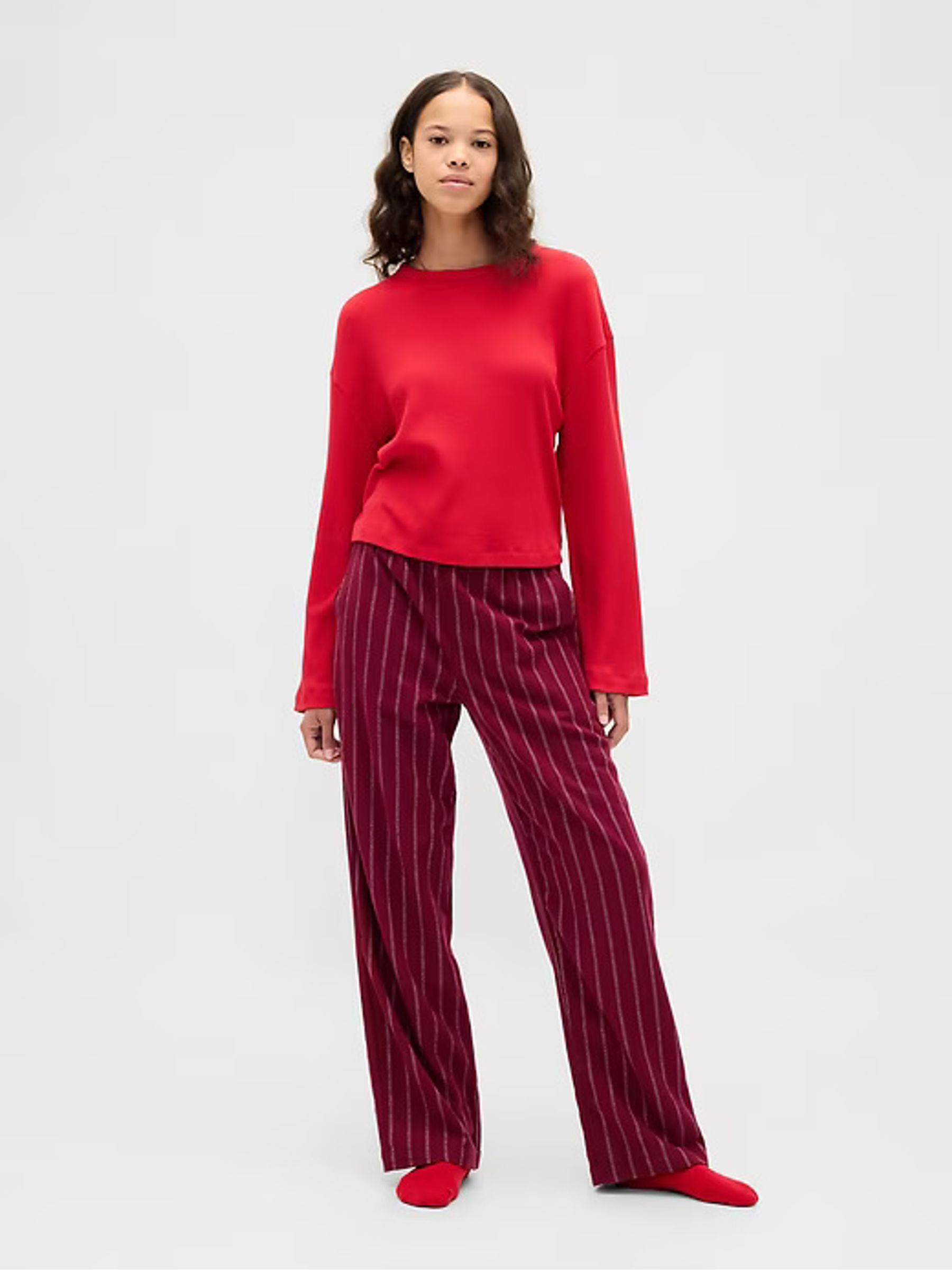 Burgundy Red Stripe Trouser Cotton Flannel Pyjama Bottoms - Image 2 of 8 Burgundy Red Stripe Trouser Cotton Flannel Pyjama Bottoms - Image 2 of 8