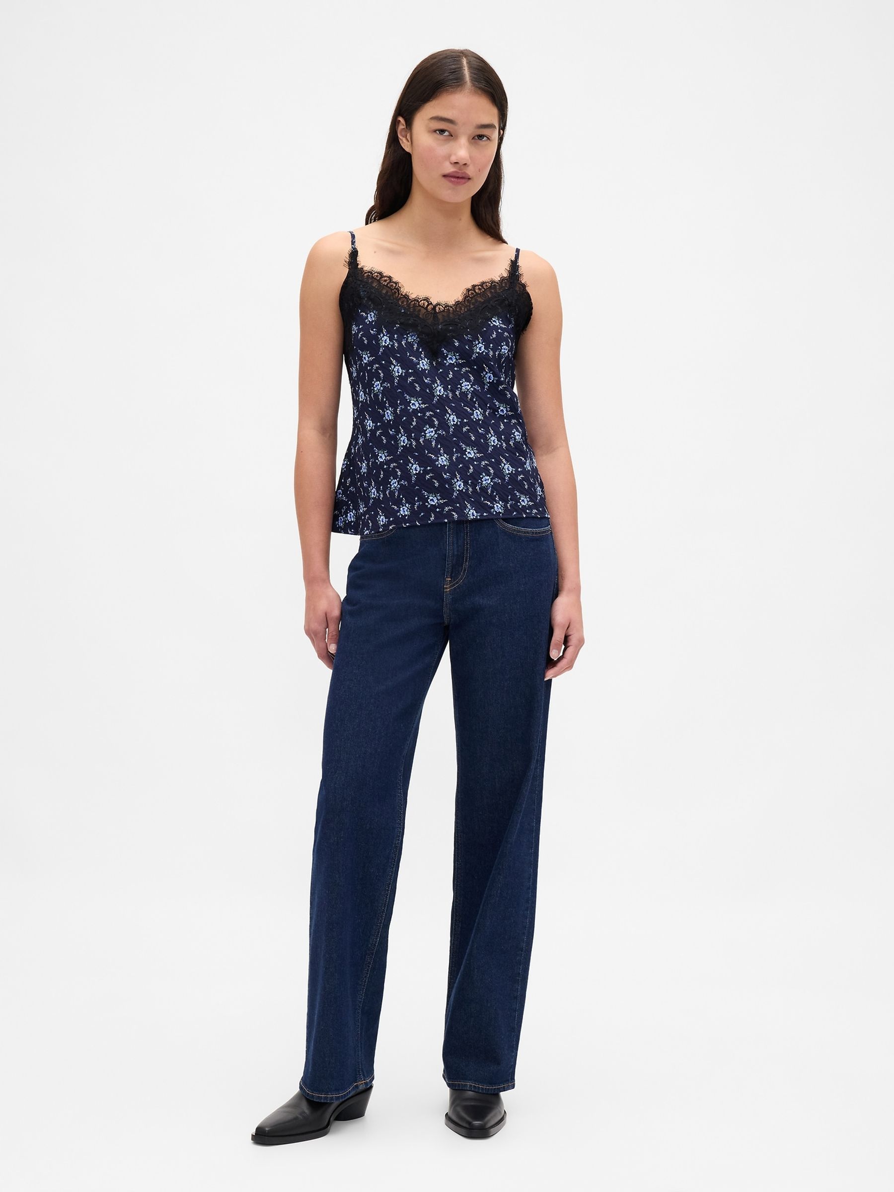 Blue/Navy Floral Lace Trim Cami - Image 3 of 4